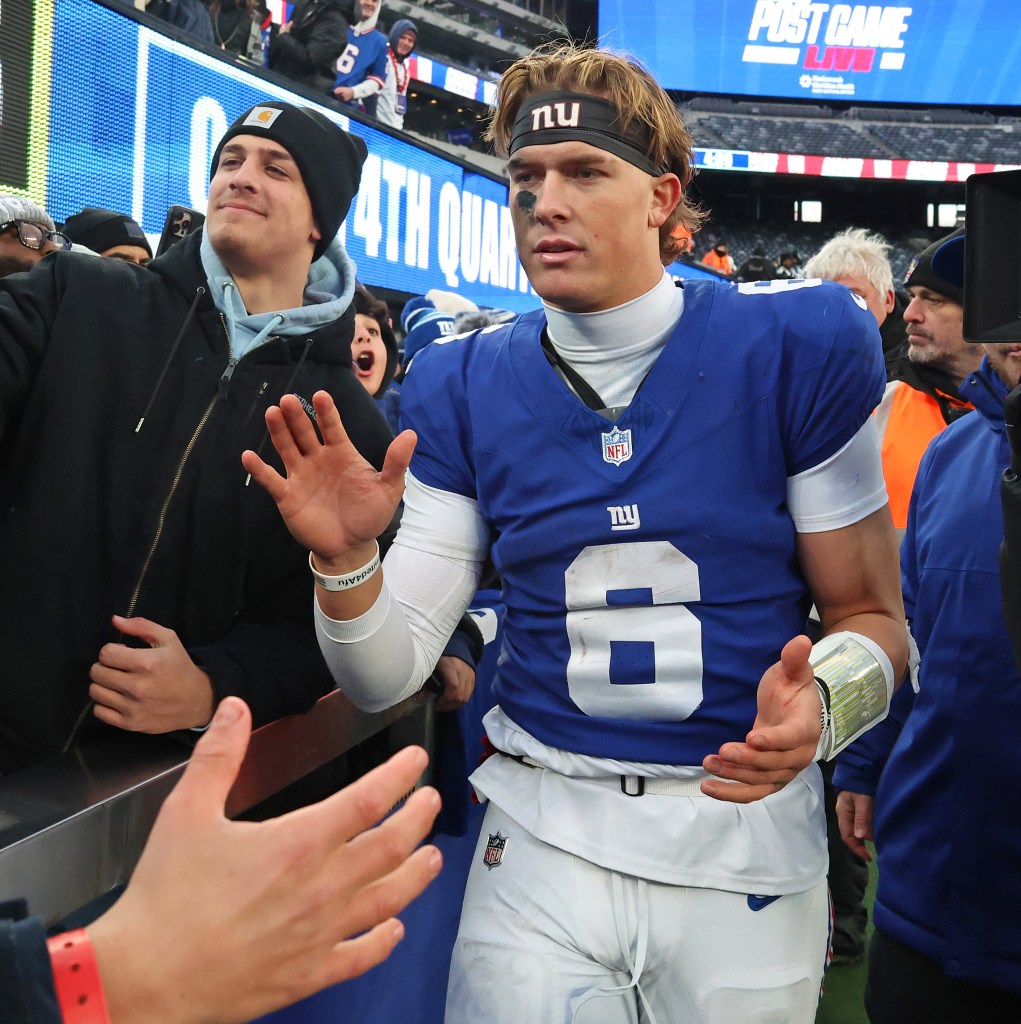 New York Giants quarterback Jaxson Dart (6) after the game against the Dallas Cowboys at MetLife Stadium.