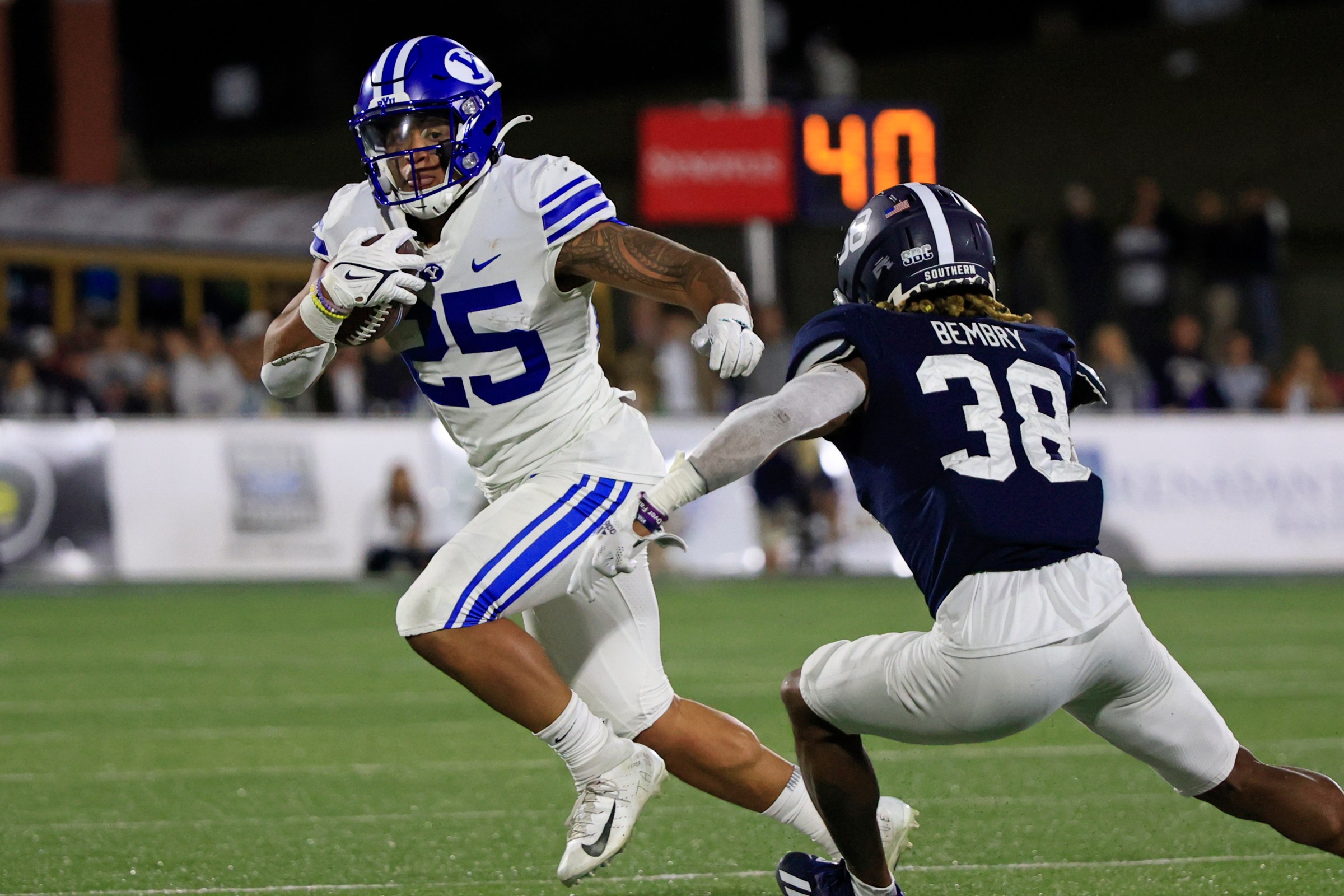 Tyler Allgeier #25 of the Brigham Young Cougars