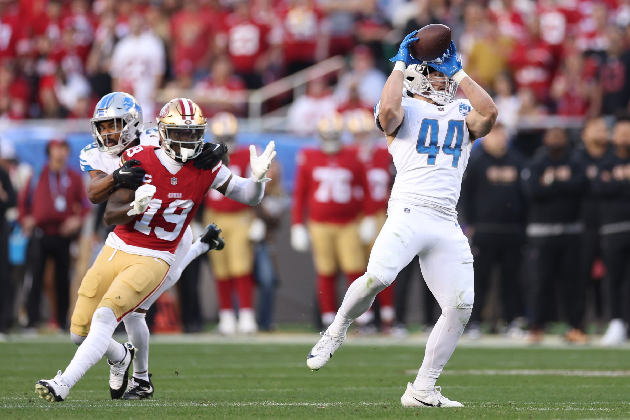 SANTA CLARA, CALIFORNIA - JANUARY 28: Malcolm Rodriguez #44 of the Detroit Lions intercepts a pass intended for Deebo Samuel #19 of the San Francisco 49ers during the second quarter in the NFC Championship Game at Levi’s Stadium on January 28, 2024 in Santa Clara, California. (Photo by Ezra Shaw/Getty Images)