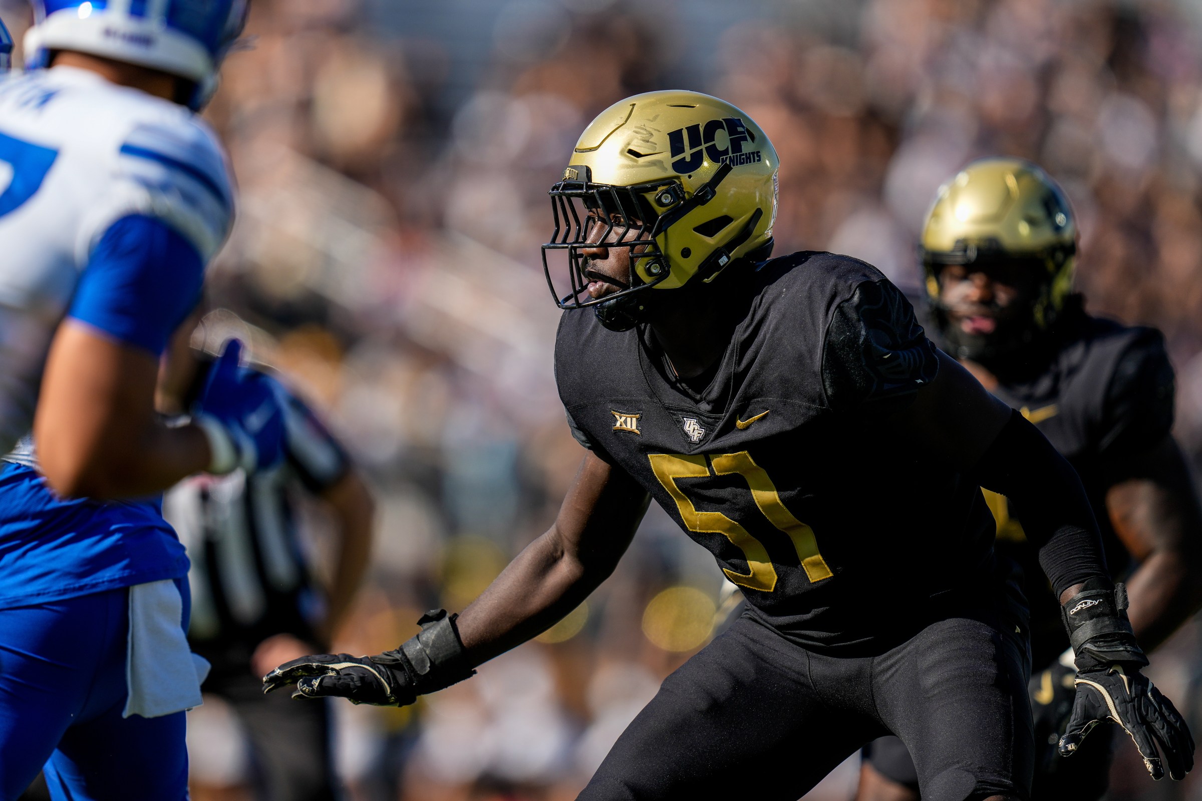 ORLANDO, FL - OCTOBER 26: UCF Knights defensive end Malachi Lawrence (51) looks on during a game between the BYU Cougars and the UCF Knights on October 26, 2024 at FBC Mortgage Stadium in Orlando, FL. (Photo by Ricky Bowden/Icon Sportswire via Getty Images)