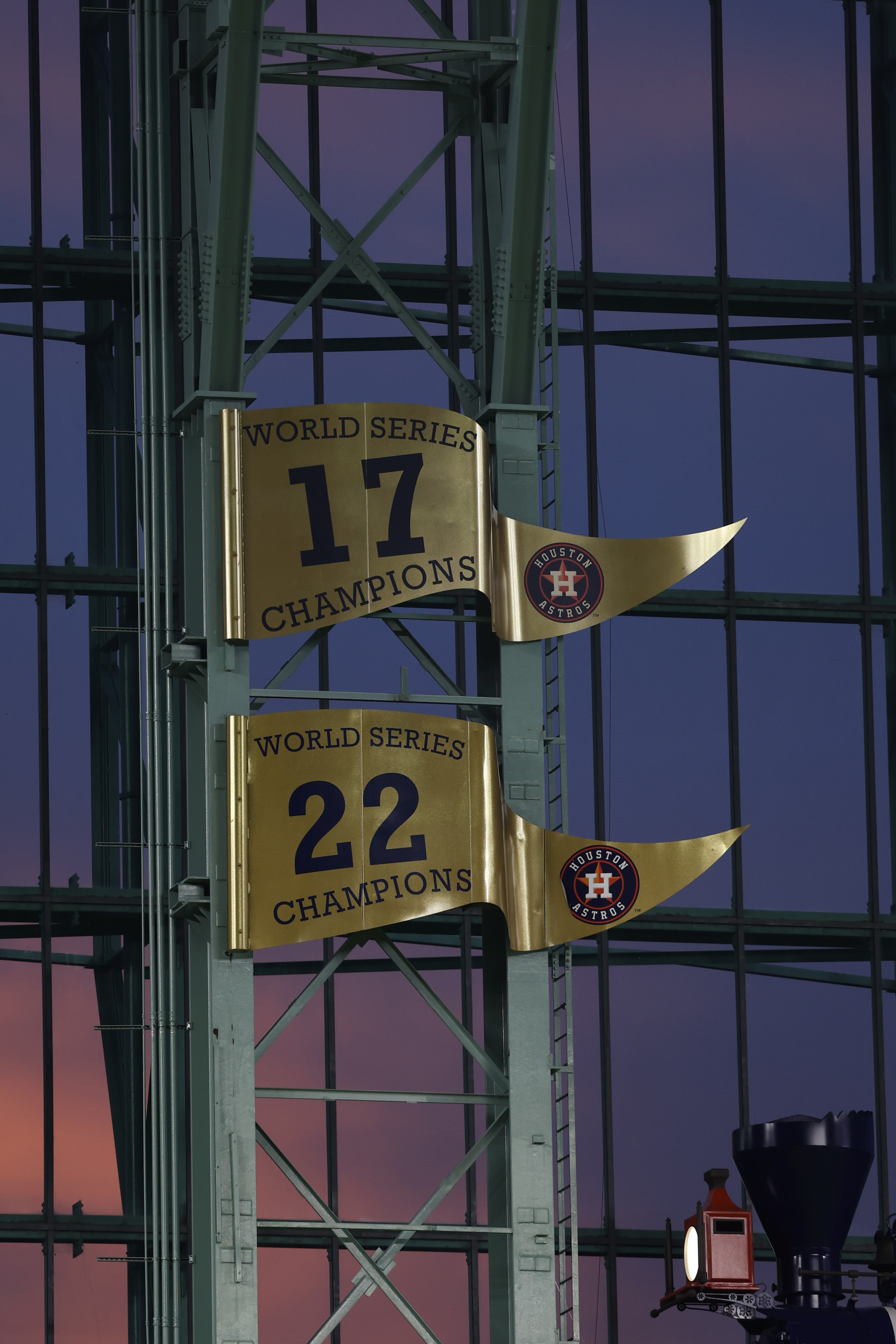 HOUSTON, TX - JULY 26: A detail shot of World Series Championship banners in the outfield during the game between the Athletics and the Houston Astros at Daikin Park on Saturday, July 26, 2025 in Houston, Texas. (Photo by Michaela Schumacher/MLB Photos via Getty Images)