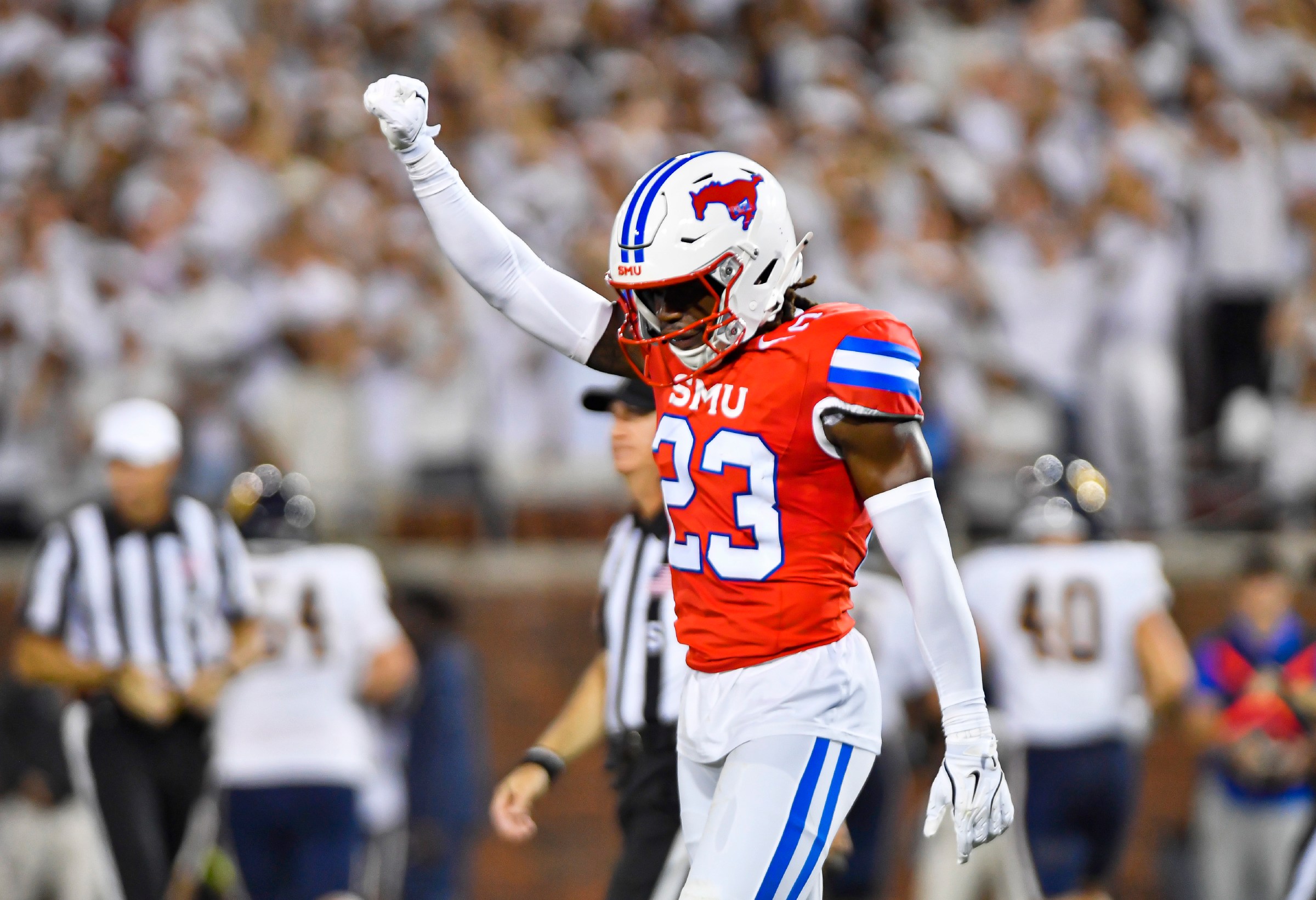 DALLAS, TX - AUGUST 30: SMU Mustangs safety Isaiah Nwokobia reacts after a defensive play during the first quarter of a college football game between the East Texas A&M Lions and SMU Mustangs at Gerald J. Ford Stadium on Saturday, August 30, 2025 in Dallas, TX. (Photo by Austin McAfee/Icon Sportswire via Getty Images)