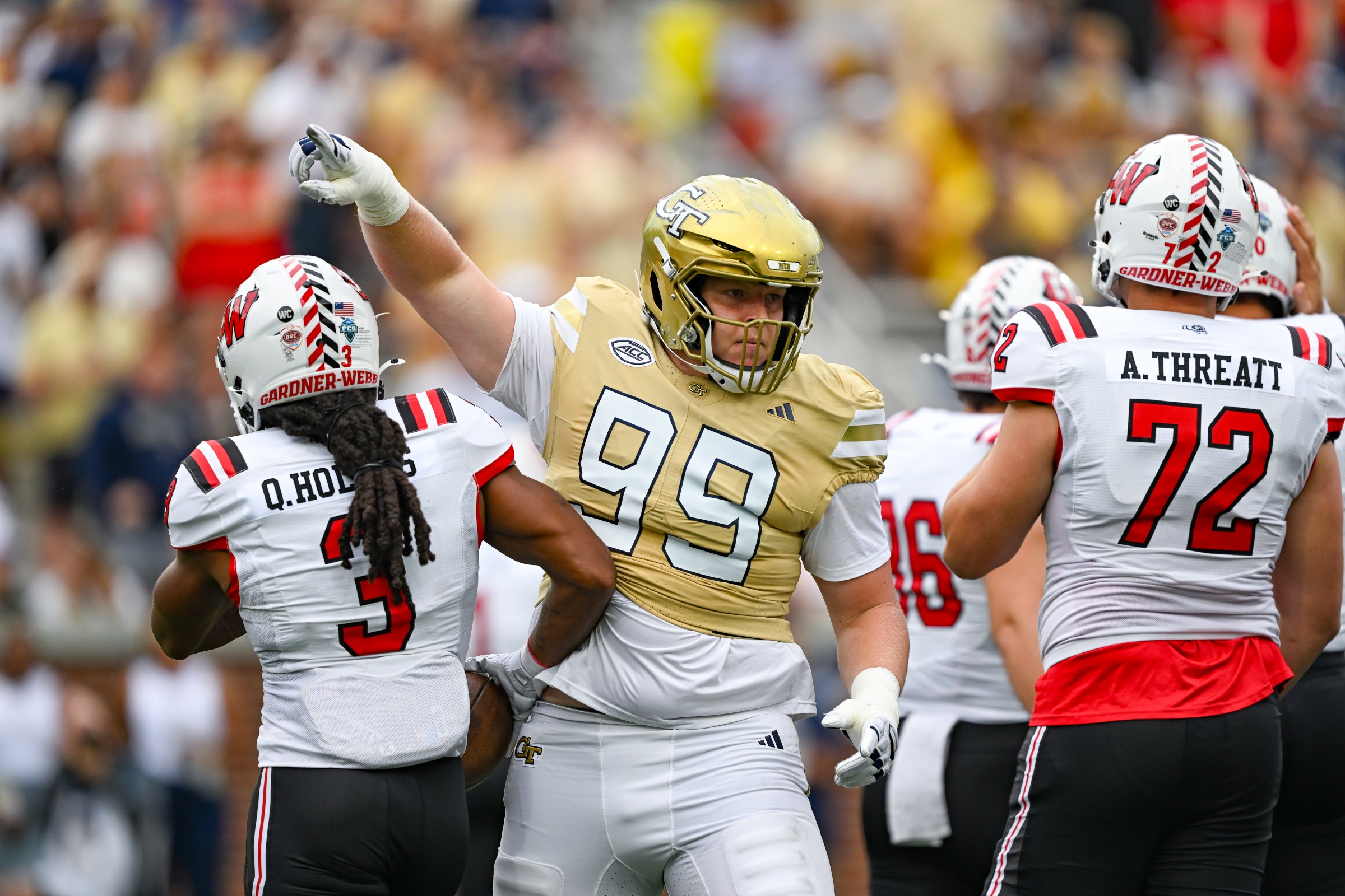 ATLANTA, GA SEPTEMBER 06: Georgia Tech defensive lineman Jordan van den Berg (99) reacts during the college football game between the Gardner-Webb Runnin’ Bulldogs and the Georgia Tech Yellow Jackets on September 6th, 2025 at Bobby Dodd Stadium in Atlanta, GA. (Photo by Rich von Biberstein/Icon Sportswire via Getty Images)