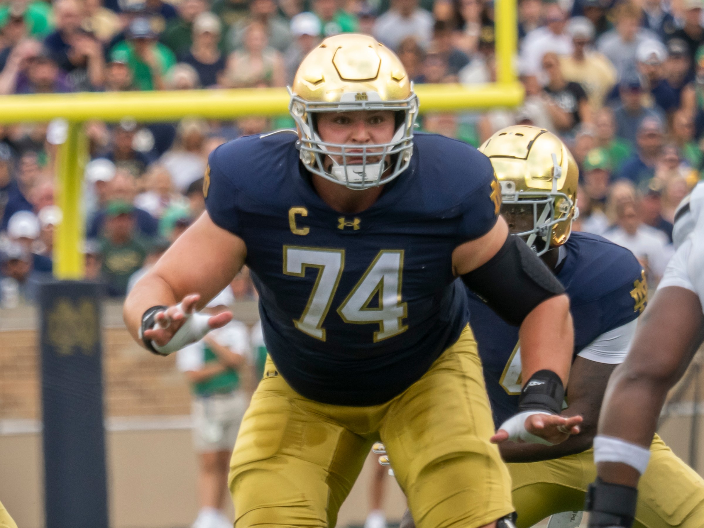 SOUTH BEND, IN - SEPTEMBER 20: Notre Dame Fighting Irish offensive lineman Billy Schrauth (74) moves into position during the game between the Purdue Boilermakers and Notre Dame Fighting Irish on September 20, 2025 at Notre Dame Stadium in South Bend, IN. (Photo by Joseph Weiser/Icon Sportswire via Getty Images)