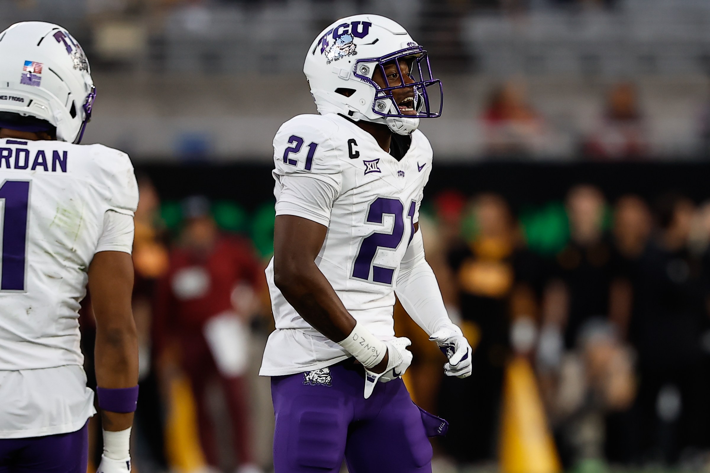 TEMPE, AZ - SEPTEMBER 26: TCU Horned Frogs safety Bud Clark (21) reacts to a big play during the college football game between the TCU Horned Frogs and the Arizona State Sun Devils on September 26, 2025 at Mountain America Stadium in Tempe, Arizona. (Photo by Kevin Abele/Icon Sportswire via Getty Images)