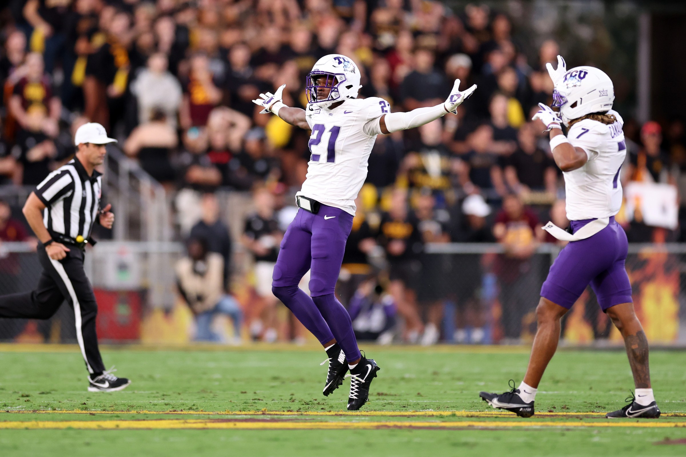 TEMPE, ARIZONA - SEPTEMBER 26: Safety Bud Clark #21 of the TCU Horned Frogs reacts after a defensive stop against the Arizona State Sun Devils during the first half at Mountain America Stadium on September 26, 2025 in Tempe, Arizona. The Sun Devils defeated the Horned Frogs 27-24. (Photo by Chris Coduto/Getty Images)
