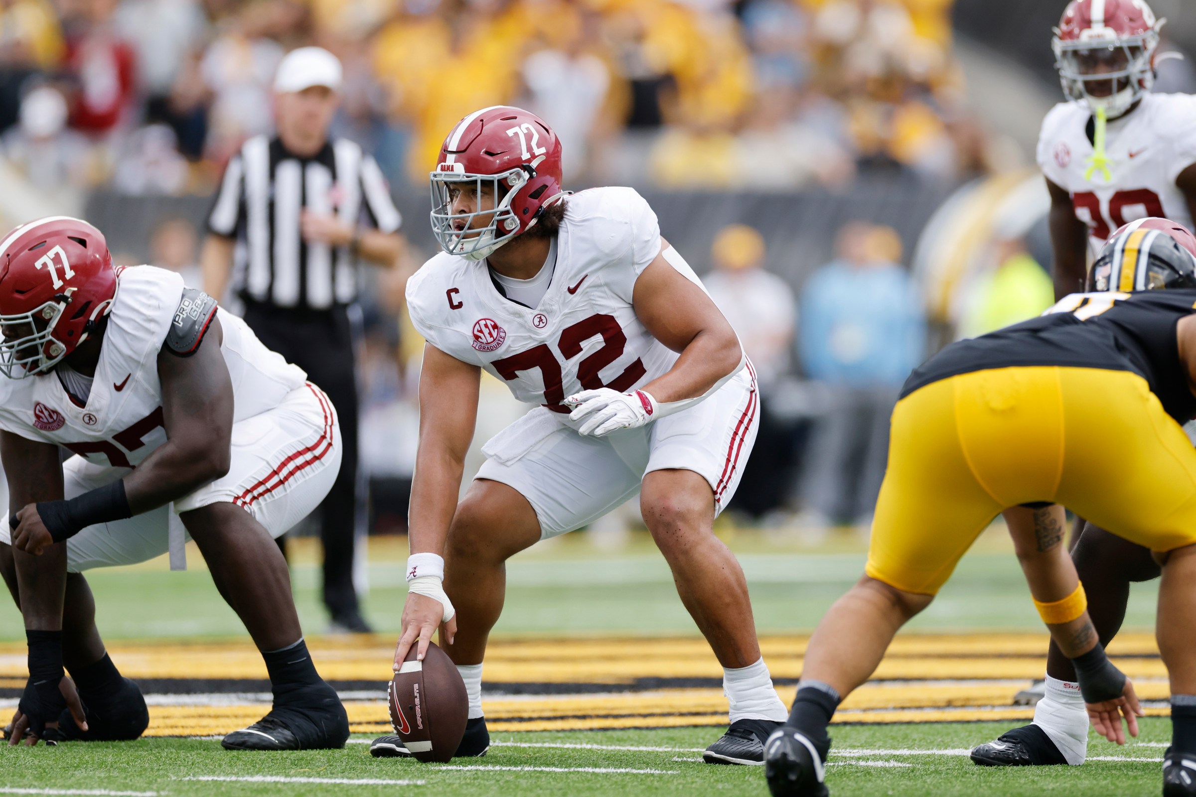 COLUMBIA, MO - OCTOBER 11: Parker Brailsford #72 of the Alabama Crimson Tide gets ready to snap the ball during a college football game against the Missouri Tigers on October 11, 2025 at Memorial Stadium/Faurot Field in Columbia, Missouri. (Photo by Joe Robbins/Icon Sportswire via Getty Images)