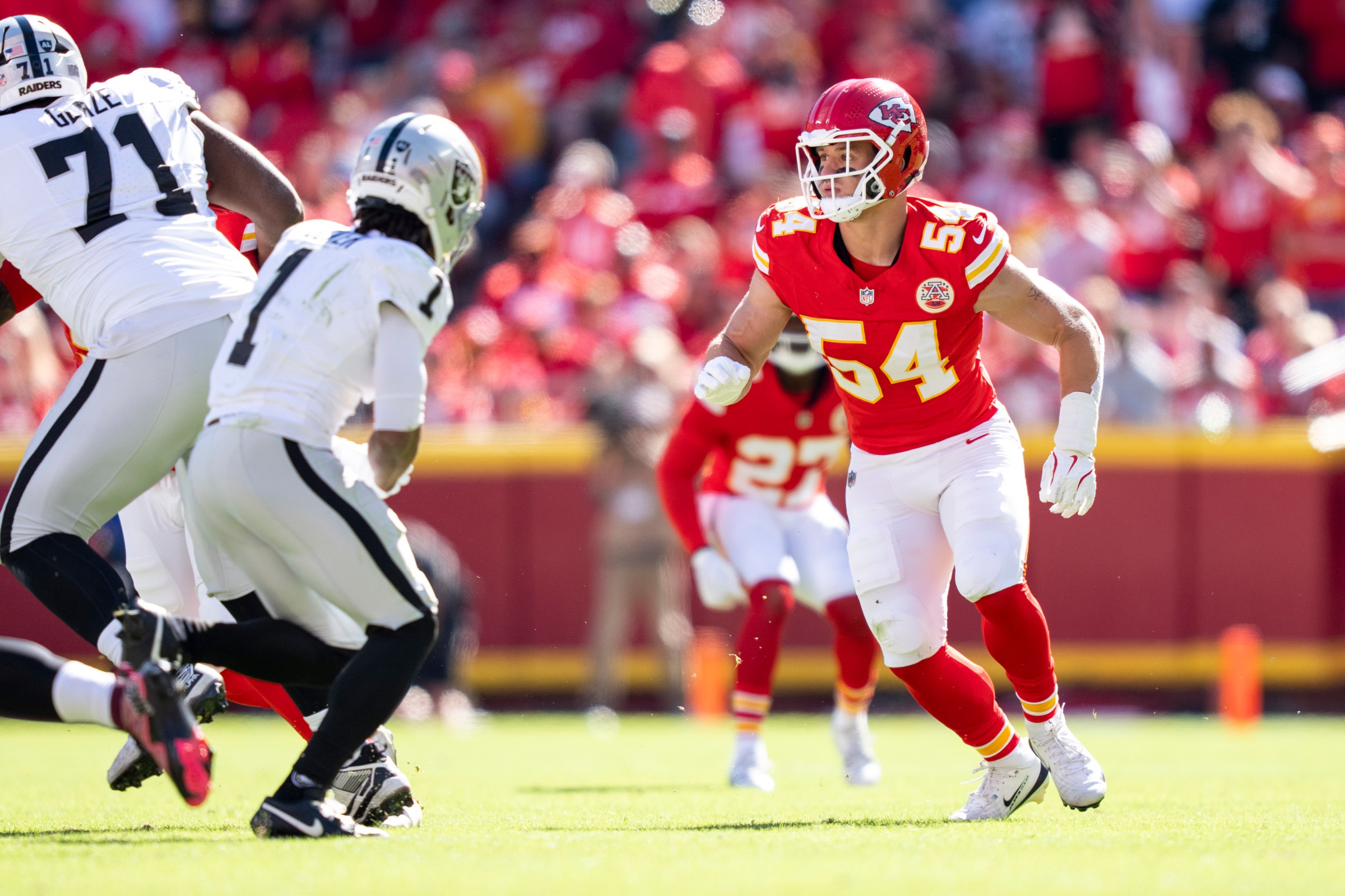 KANSAS CITY, MISSOURI - OCTOBER 19: Leo Chenal #54 of the Kansas City Chiefs defends during an NFL football game against the Las Vegas Raiders at GEHA Field at Arrowhead Stadium on October 19, 2025 in Kansas City, Missouri. (Photo by Michael Owens/Getty Images)