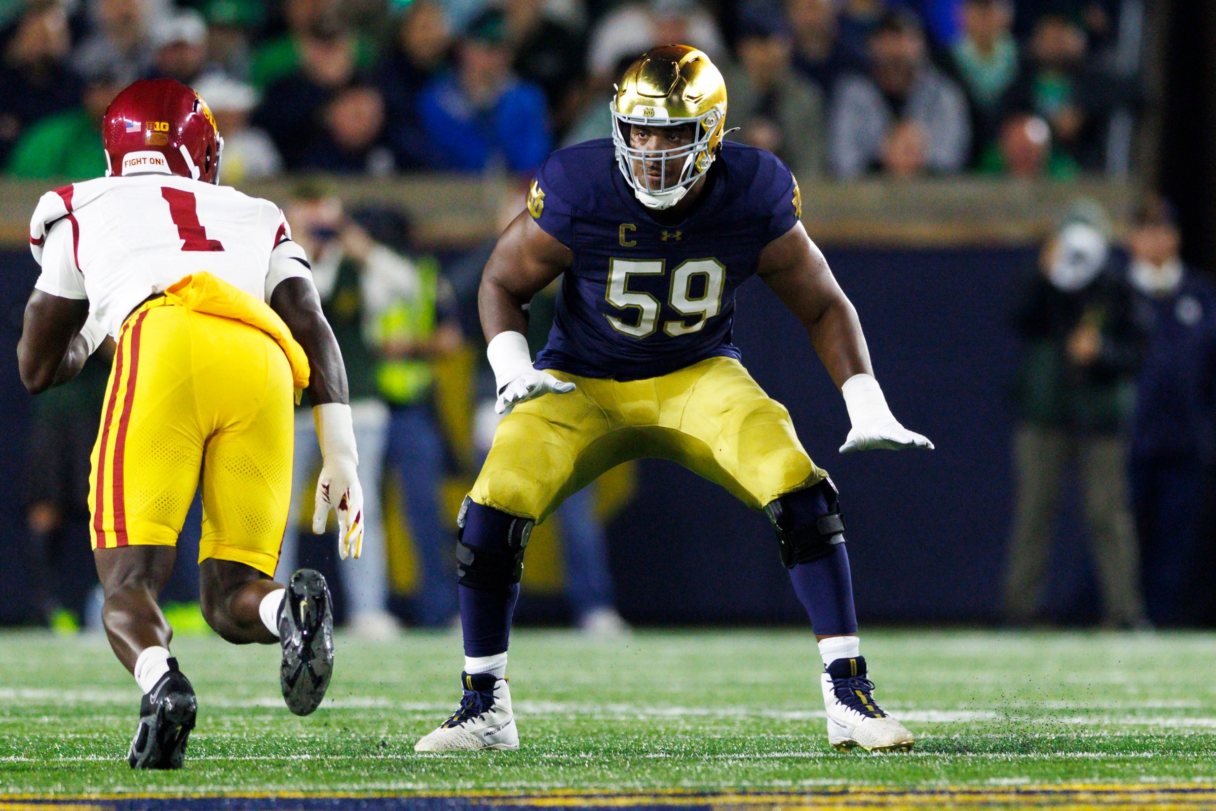 SOUTH BEND, INDIANA - OCTOBER 18: Aamil Wagner #59 of the Notre Dame Fighting Irish blocks during the game against USC Trojans at Notre Dame Stadium on October 18, 2025 in South Bend, Indiana. (Photo by Ric Tapia/Getty Images)