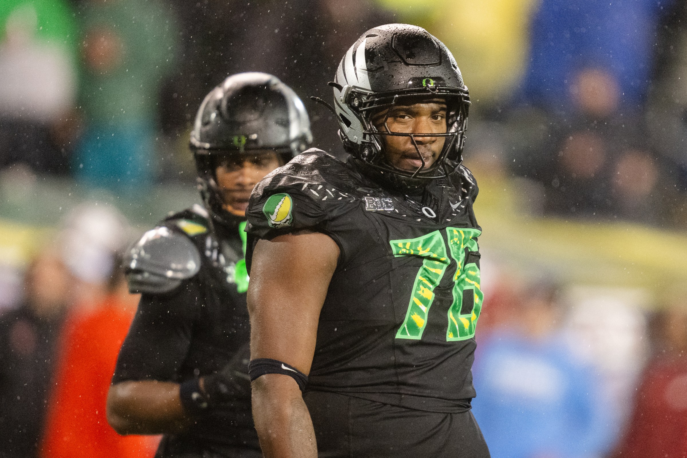 EUGENE, OREGON - OCTOBER 25: Offensive lineman Isaiah World #76 of the Oregon Ducks prepares for a play during the second half of the game against the Wisconsin Badgers at Autzen Stadium on October 25, 2025 in Eugene, Oregon. (Photo by Ali Gradischer/Getty Images)