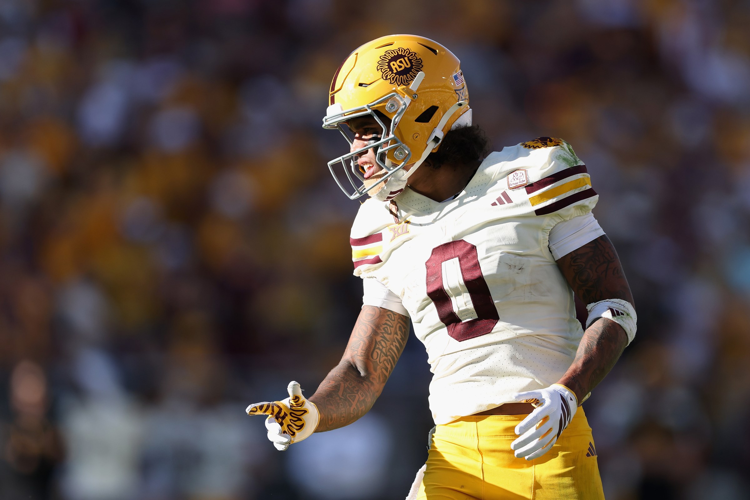 TEMPE, ARIZONA - OCTOBER 18: Jordyn Tyson #0 of the Arizona State Sun Devils during the NCAAF game at Mountain America Stadium on October 18, 2025 in Tempe, Arizona. The Sun Devils defeated the Red Raiders 26-22. (Photo by Christian Petersen/Getty Images)