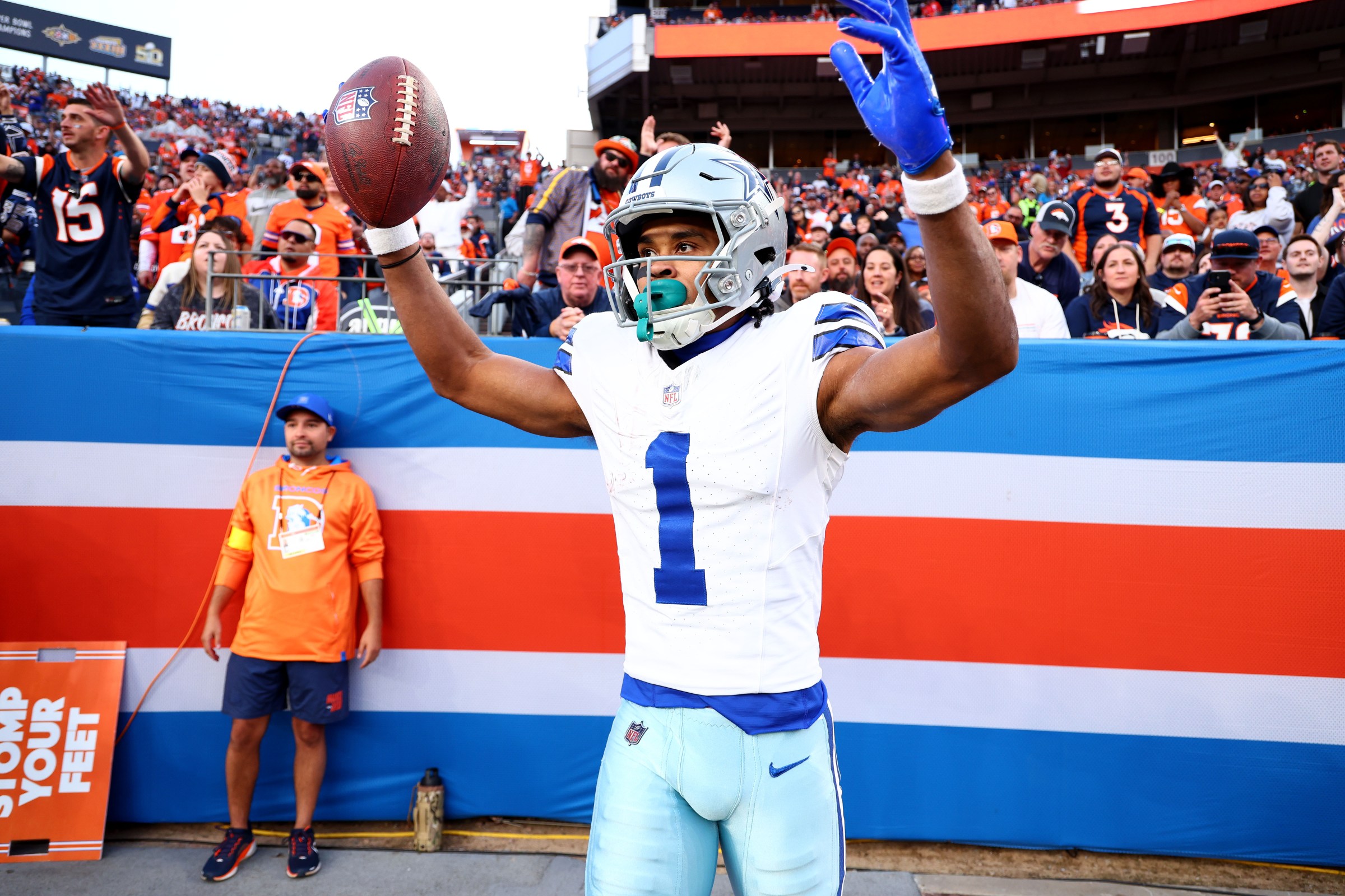 DENVER, COLORADO - OCTOBER 26: Jalen Tolbert #1 of the Dallas Cowboys celebrates a touchdown against the Denver Broncos during the NFL 2025 game between Dallas Cowboys and Denver Broncos at Empower Field At Mile High on October 26, 2025 in Denver, Colorado. (Photo by Jamie Schwaberow/Getty Images)