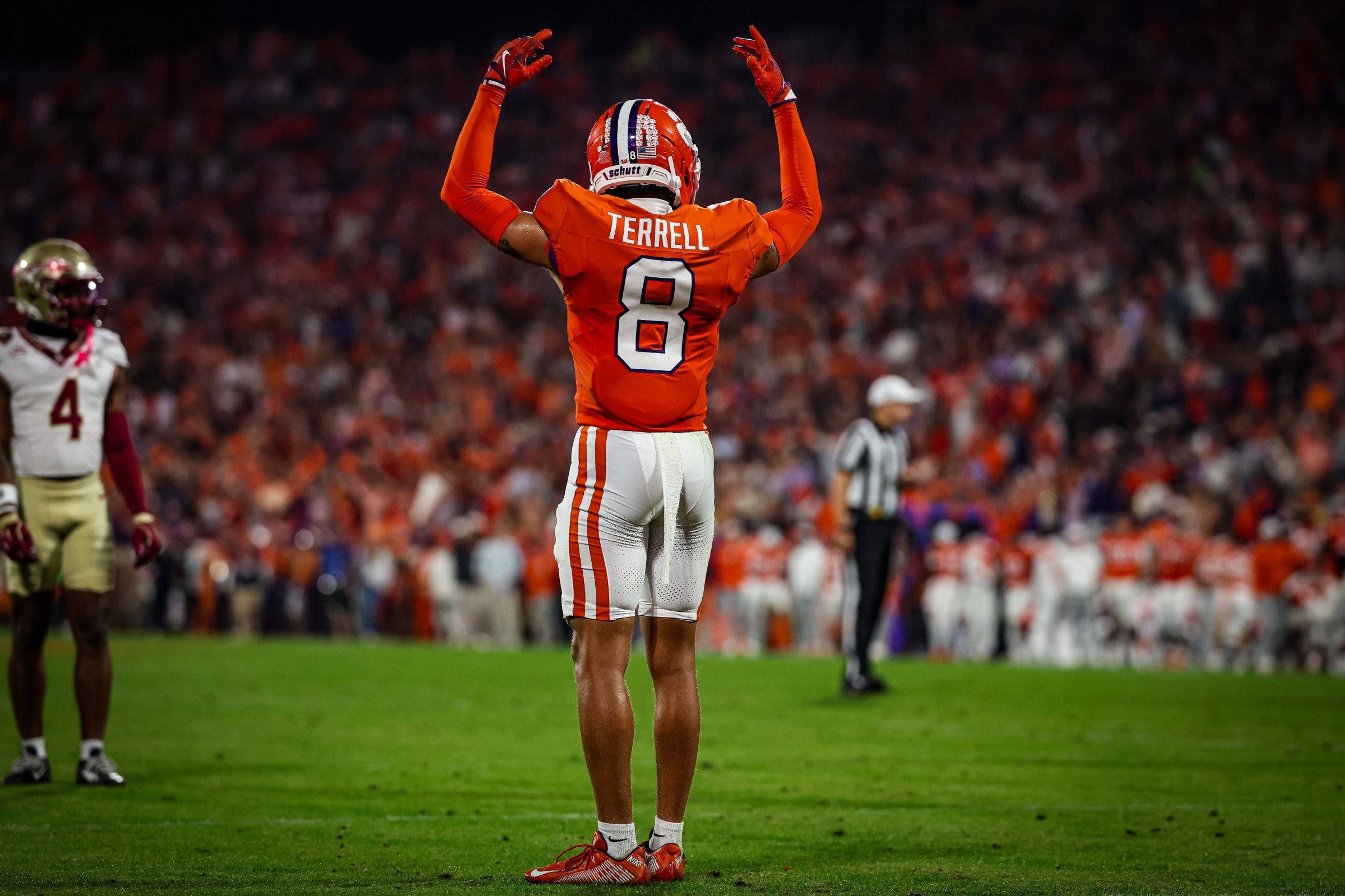 CLEMSON, SOUTH CAROLINA - NOVEMBER 08: Avieon Terrell #8 of the Clemson Tigers hypes up the fans during the second half of a football game against the Florida State Seminoles at Memorial Stadium on November 08, 2025 in Clemson, South Carolina. (Photo by David Jensen/Getty Images)
