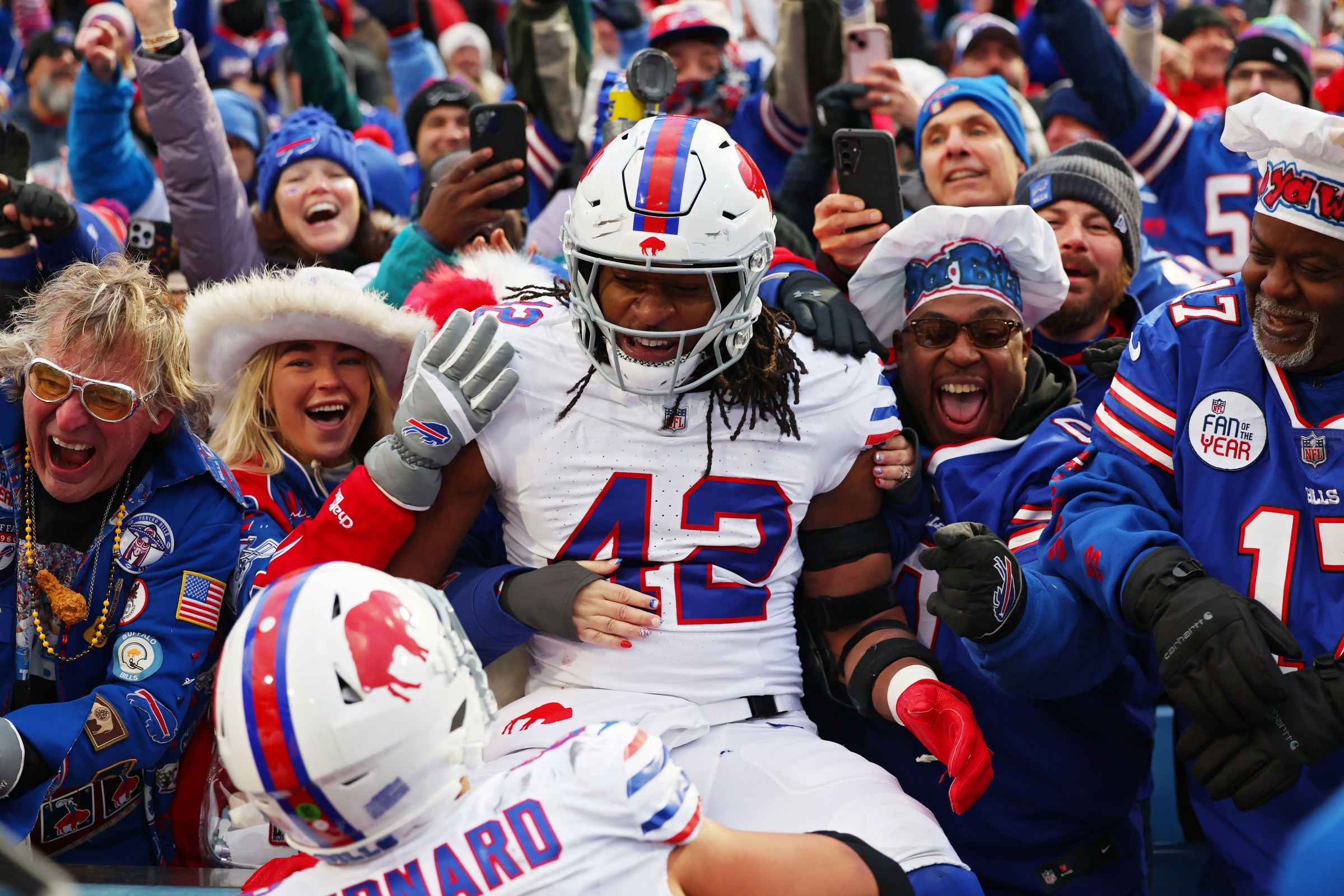 ORCHARD PARK, NEW YORK - NOVEMBER 16: Dorian Williams #42 of the Buffalo Bills celebrates with fans during the fourth quarter against the Tampa Bay Buccaneers at Highmark Stadium on November 16, 2025 in Orchard Park, New York. (Photo by Timothy T Ludwig/Getty Images)
