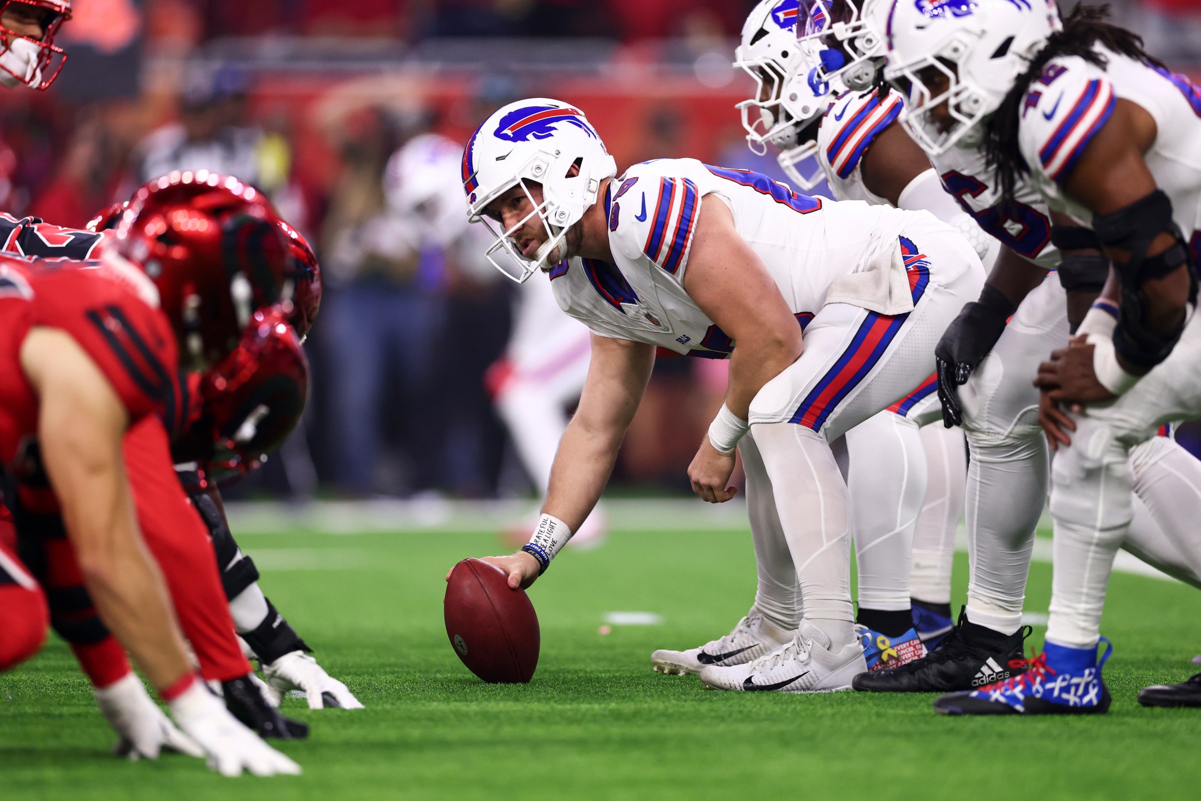 HOUSTON, TEXAS - NOVEMBER 20: Reid Ferguson #69 of the Buffalo Bills lines up before a play during an NFL football game against the Houston Texans at NRG Stadium on November 20, 2025 in Houston, Texas. (Photo by Kevin Sabitus/Getty Images)
