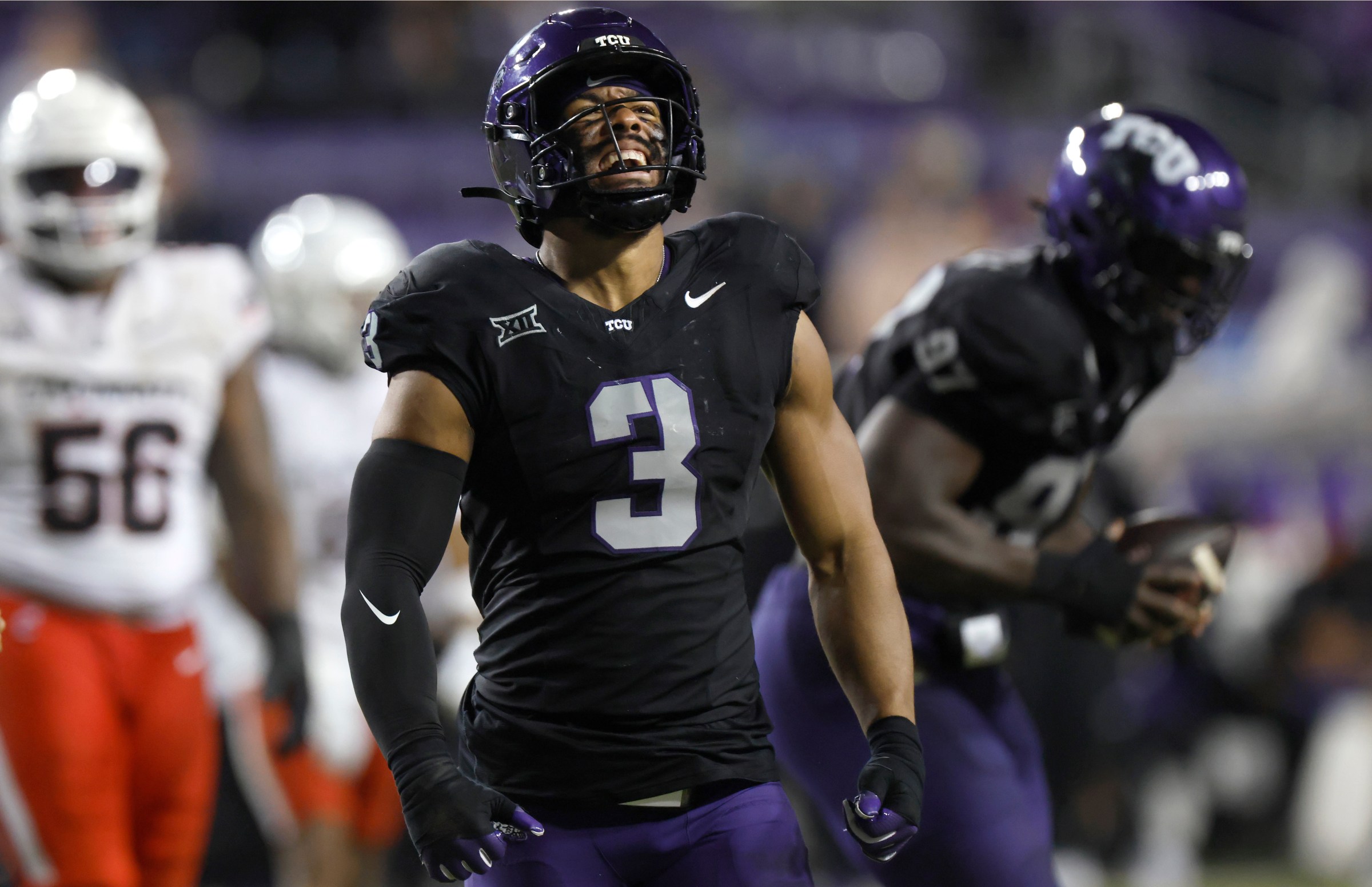 FORT WORTH, TEXAS - NOVEMBER 29: Kaleb Elarms-Orr #3 of the TCU Horned Frogs celebrates a sack during the second half against the Cincinnati Bearcats at Amon G. Carter Stadium on November 29, 2025 in Fort Worth, Texas. (Photo by Ron Jenkins/Getty Images)