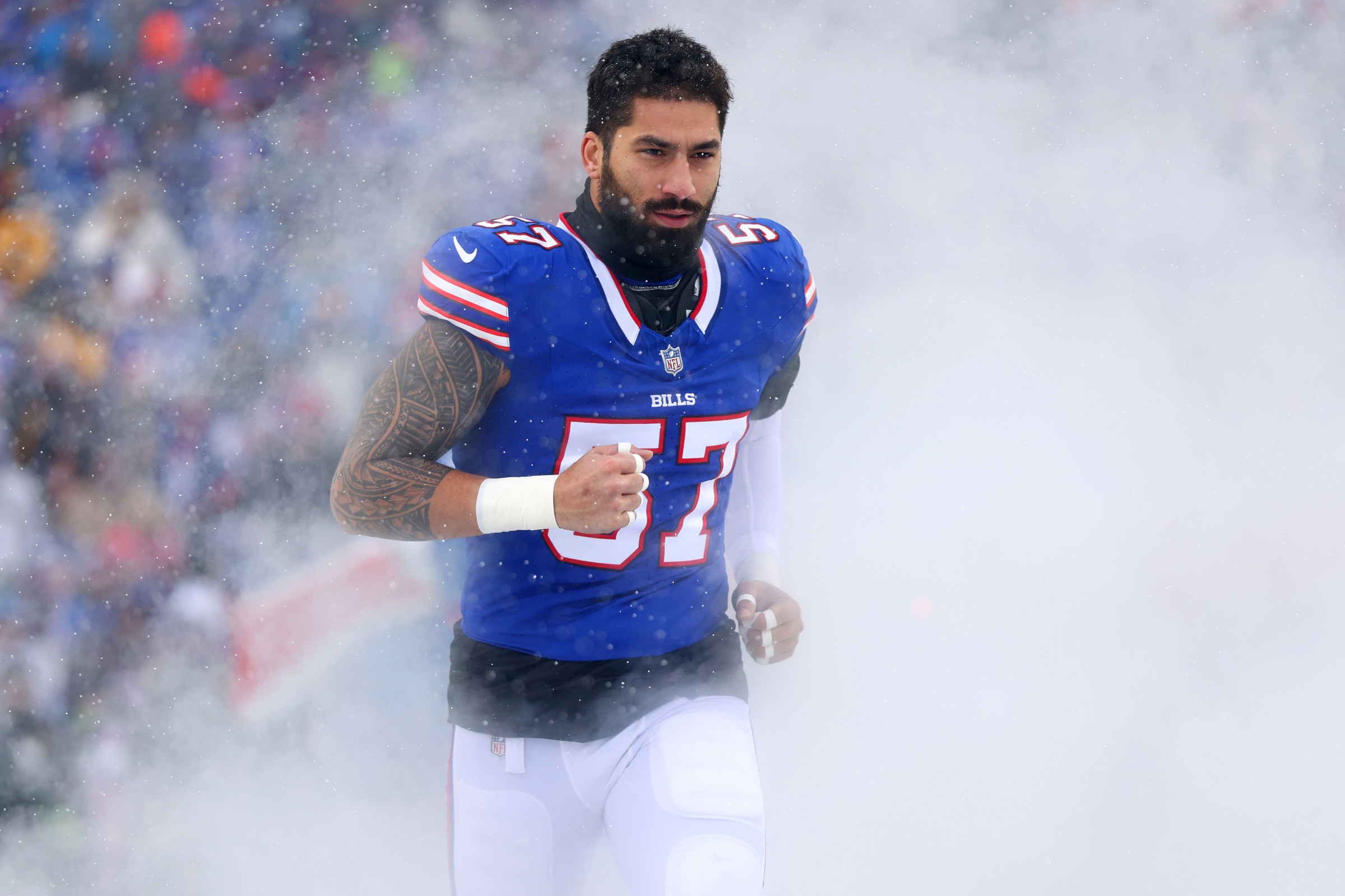 ORCHARD PARK, NEW YORK - DECEMBER 7: AJ Epenesa #57 of the Buffalo Bills is introduced against the Cincinnati Bengals during the NFL 2025 game between Cincinnati Bengals and Buffalo Bills at Highmark Stadium on December 7, 2025 in Orchard Park, New York. (Photo by Jamie Schwaberow/Getty Images)