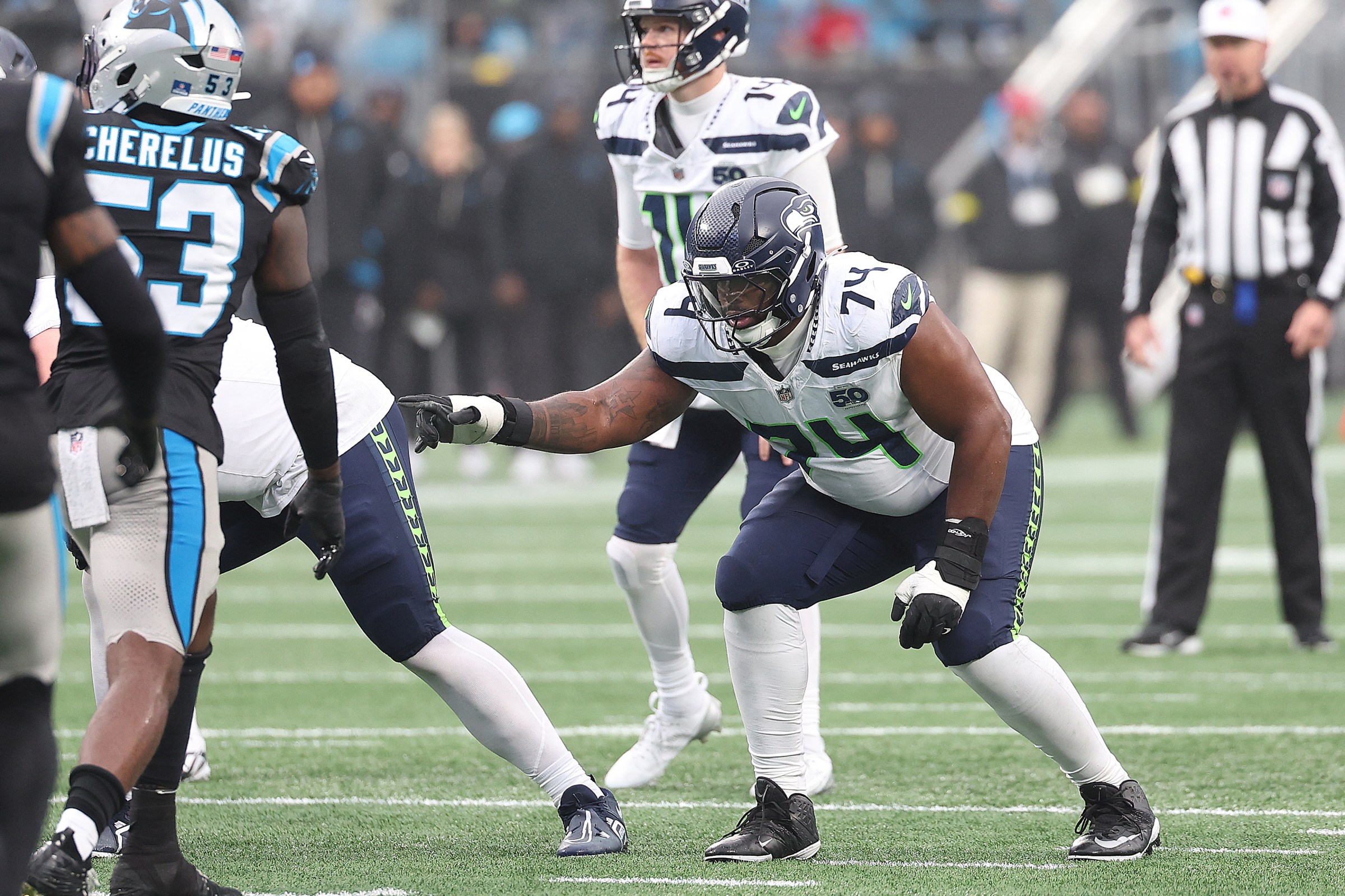 CHARLOTTE, NC - DECEMBER 28: Seattle Seahawks offensive tackle Josh Jones (74) during an NFL football game between the Seattle Seahawks and the Carolina Panthers on December 28, 2025 at Bank of America stadium in Charlotte, N.C. (Photo by John Byrum/Icon Sportswire via Getty Images)
