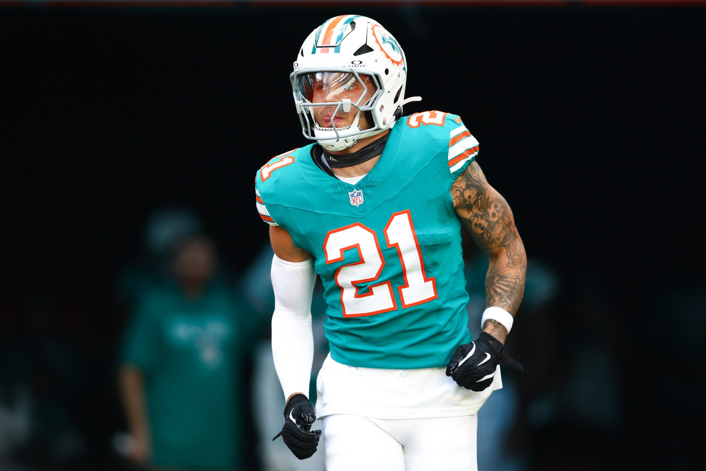 MIAMI GARDENS, FLORIDA - DECEMBER 21: Ashtyn Davis #21 of the Miami Dolphins is introduced prior to a game against the Cincinnati Bengals at Hard Rock Stadium on December 21, 2025 in Miami Gardens, Florida. (Photo by Megan Briggs/Getty Images)