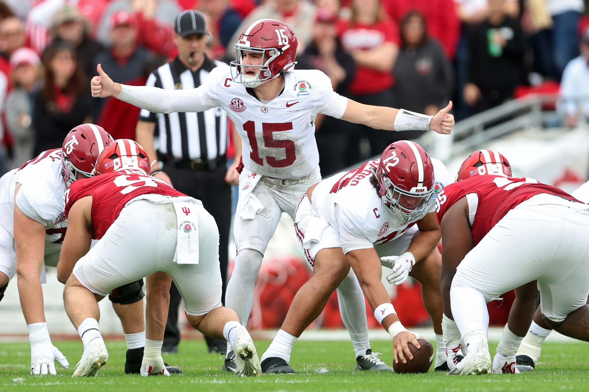 PASADENA, CALIFORNIA - JANUARY 01: Ty Simpson #15 of the Alabama Crimson Tide calls out instructions in the second quarter against the Indiana Hoosiers in the College Football Playoff Quarterfinal at Rose Bowl Stadium on January 01, 2026 in Pasadena, California. (Photo by Sean M. Haffey/Getty Images)