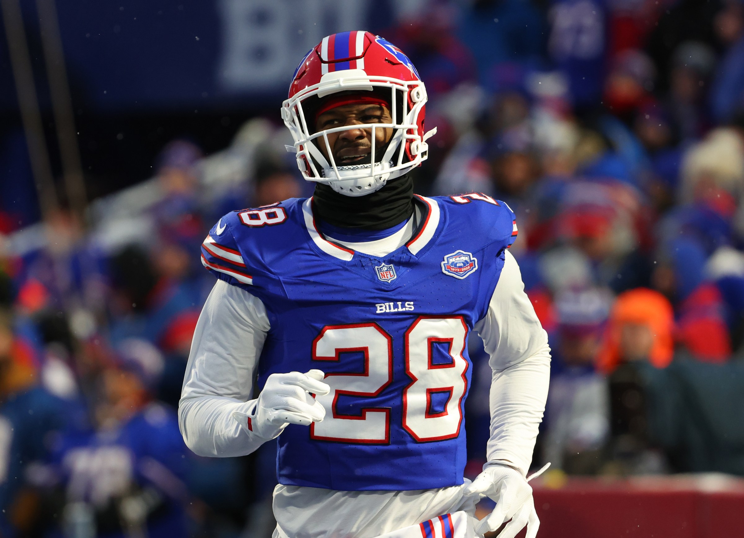 ORCHARD PARK, NEW YORK - JANUARY 4: Sam Franklin Jr. #28 of the Buffalo Bills on the field against the New York Jets at Highmark Stadium on January 4, 2026 in Orchard Park, New York. (Photo by Timothy T Ludwig/Getty Images)