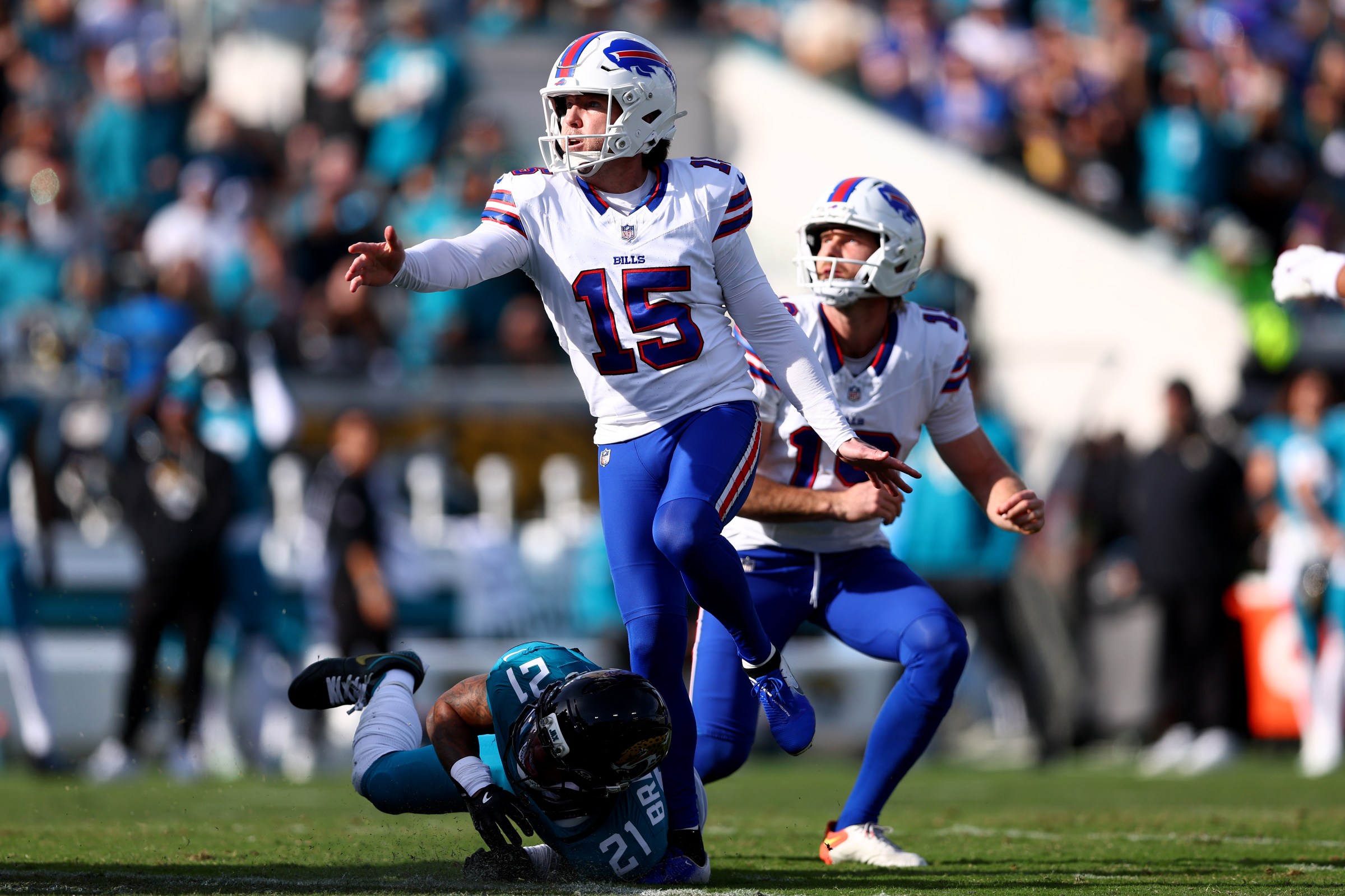 JACKSONVILLE, FLORIDA - JANUARY 11: Matt Prater #15 of the Buffalo Bills kicks a field goal during the third quarter against the Jacksonville Jaguars in the AFC Wild Card Playoff game at EverBank Stadium on January 11, 2026 in Jacksonville, Florida. (Photo by Megan Briggs/Getty Images)