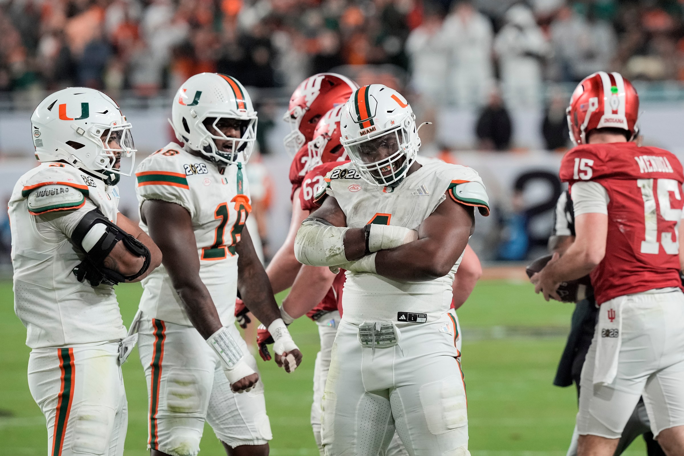 MIAMI GARDENS, FLORIDA - JANUARY 19: Rueben Bain #4 of the Indiana Hoosiers reacts after a sack during the second half of the College Football Playoff National Championship between the Indiana Hoosiers and the Miami Hurricanes against the Indiana Hoosiers at Hard Rock Stadium on January 19, 2026 in Miami Gardens, Florida. (Photo by CFP/Getty Images)