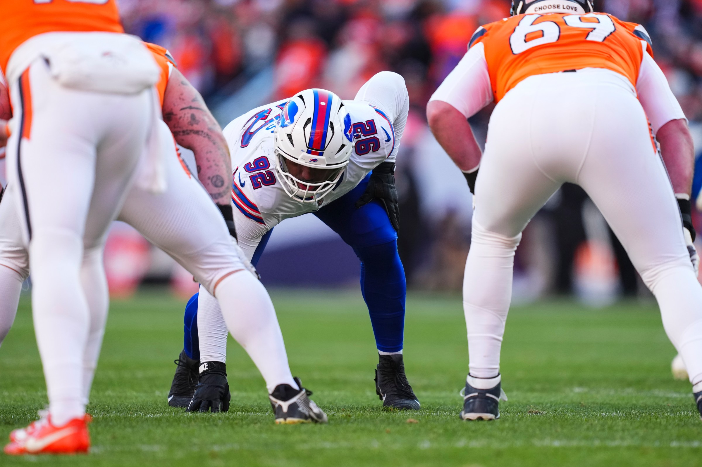 DENVER, CO - JANUARY 17: DaQuan Jones #92 of the Buffalo Bills lines up before the snap during an NFL divisional playoff football game against the Denver Broncos at Empower Field At Mile High on January 17, 2026 in Denver, Colorado. (Photo by Cooper Neill/Getty Images)