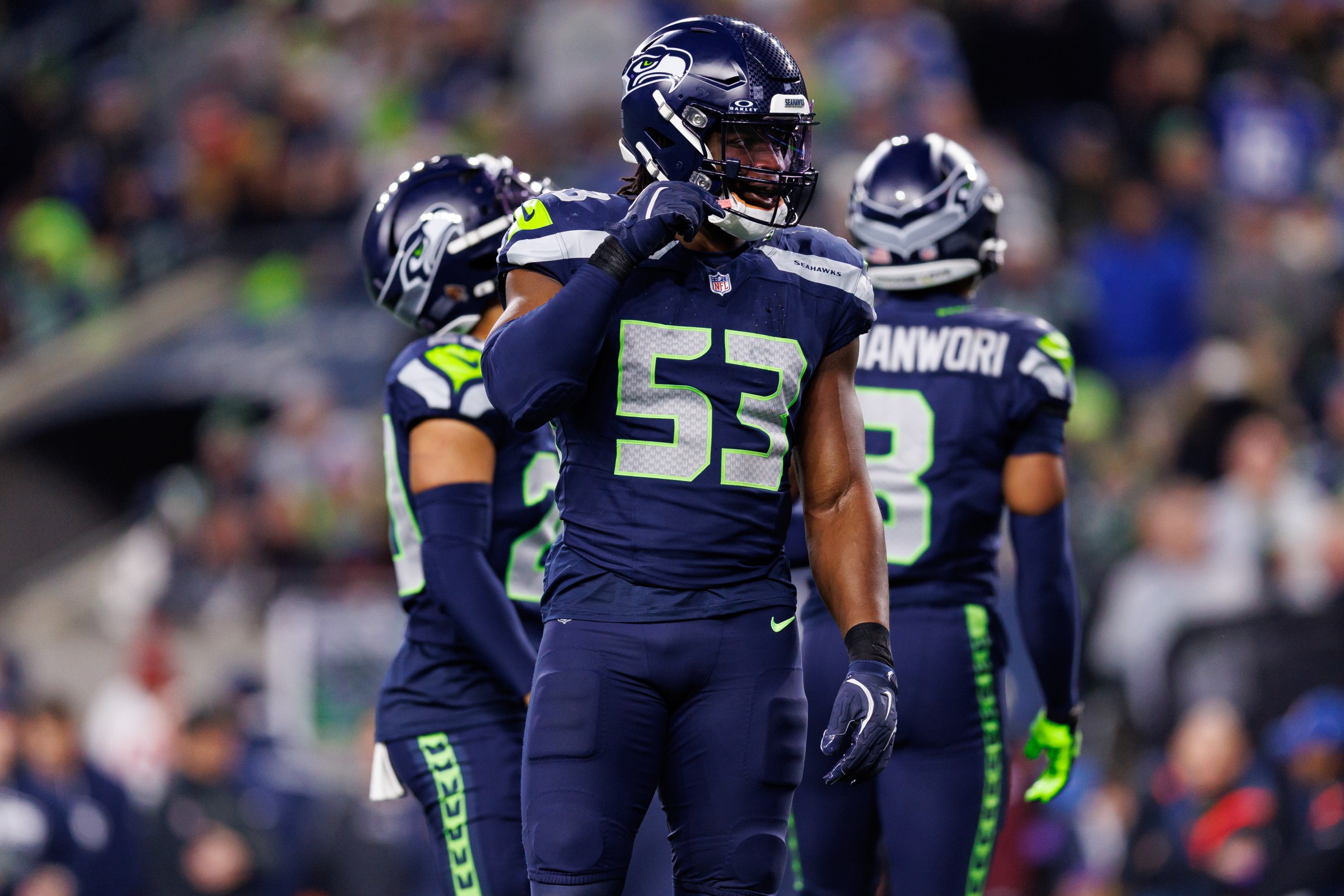 Boye Mafe #53 of the Seattle Seahawks