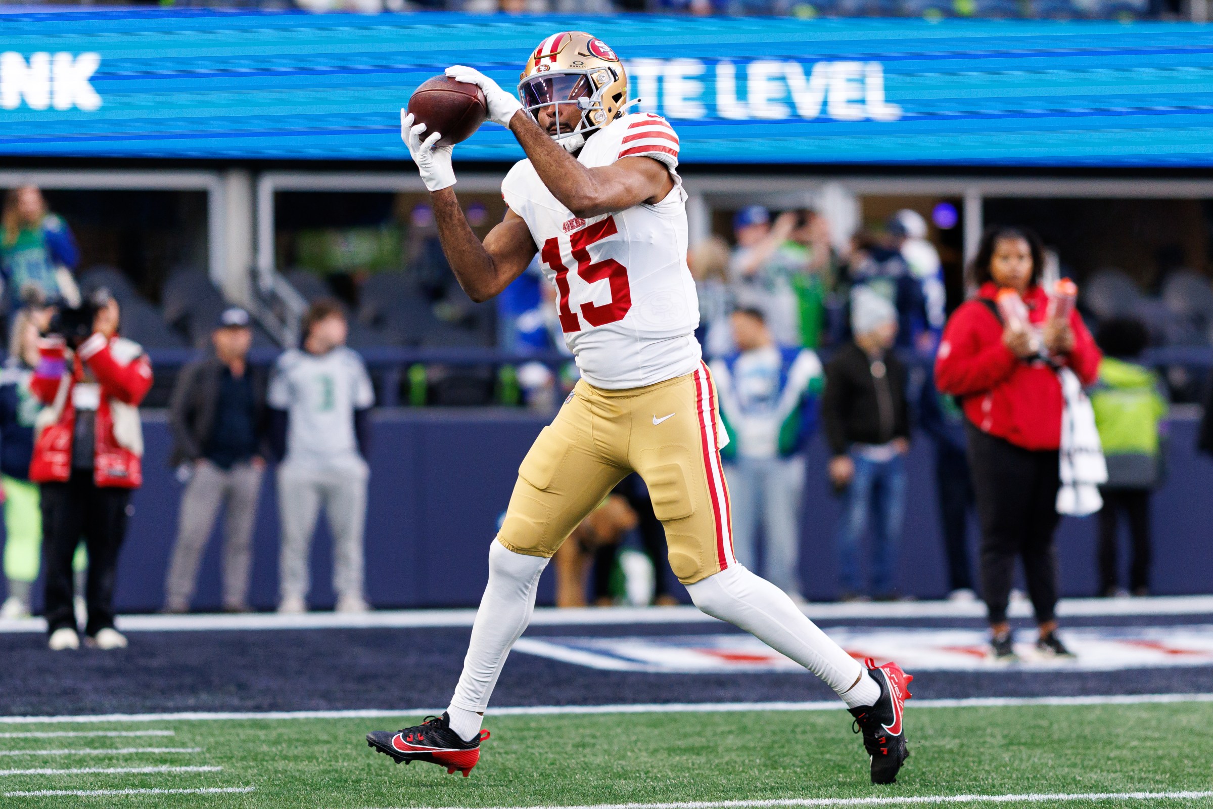 SEATTLE, WASHINGTON - JANUARY 17: Jauan Jennings #15 of the San Francisco 49ers warms up prior to an NFL divisional playoff football game against the Seattle Seahawks at Lumen Field on January 17, 2026 in Seattle, Washington. (Photo by Brooke Sutton/Getty Images)