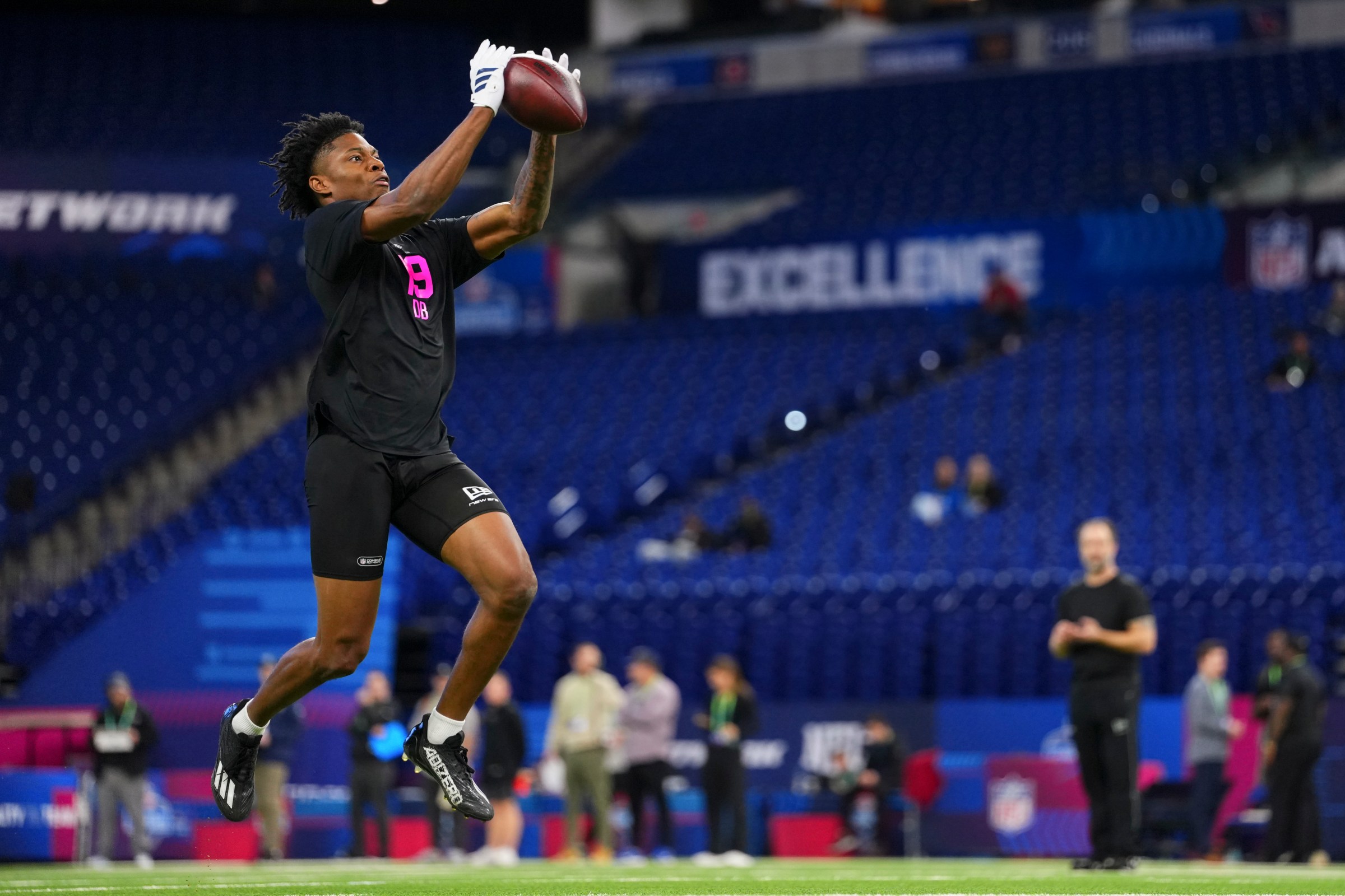 INDIANAPOLIS, IN - FEBRUARY 27: Hezekiah Masses #DB19 of California participates in a drill during the 2026 NFL Scouting Combine at Lucas Oil Stadium on February 27, 2026 in Indianapolis, Indiana. (Photo by Cooper Neill/Getty Images)