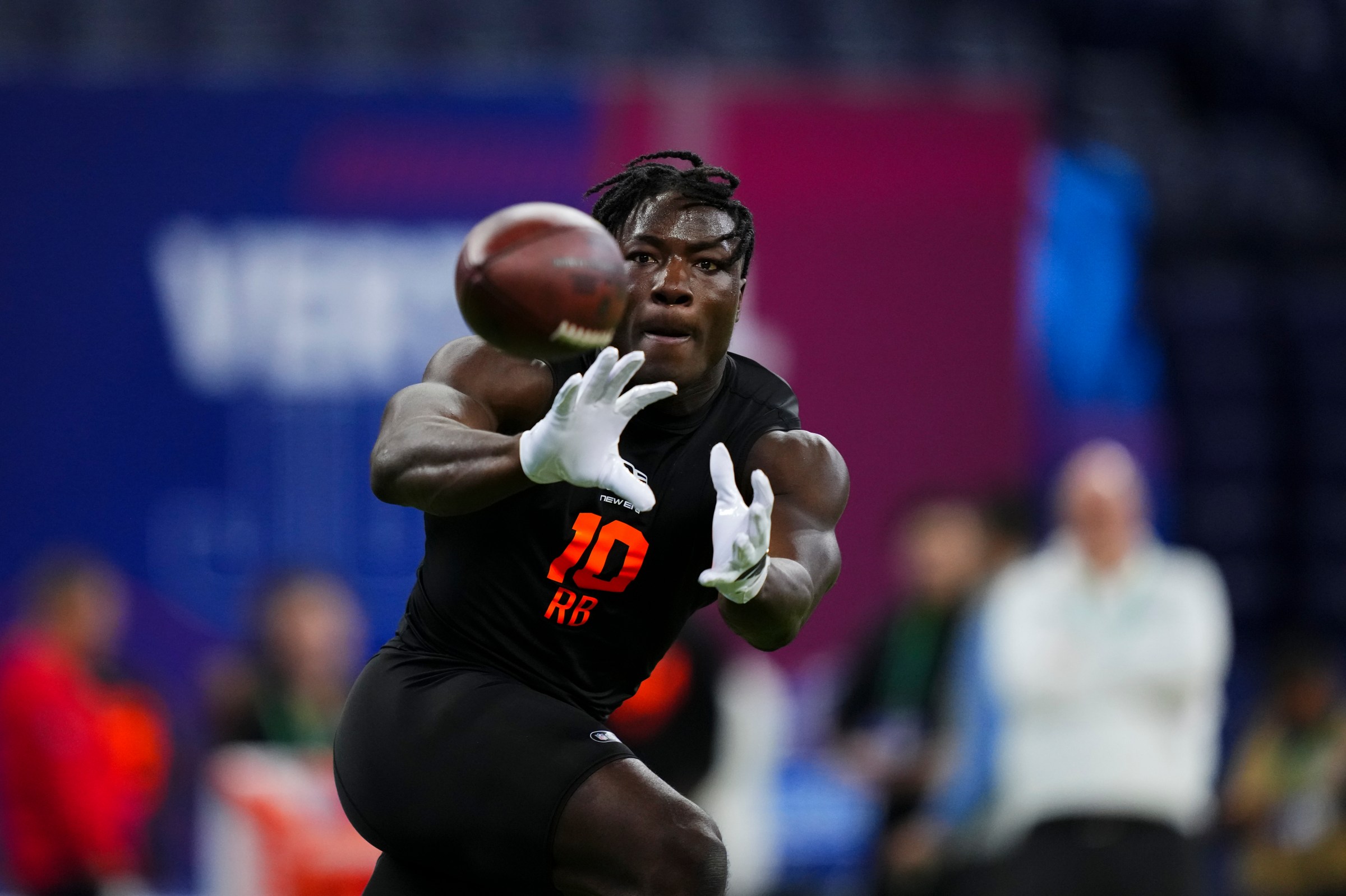 INDIANAPOLIS, IN - FEBRUARY 28: Emmett Johnson #RB10 of Nebraska participates in a drill during the 2026 NFL Scouting Combine at Lucas Oil Stadium on February 28, 2026 in Indianapolis, Indiana. (Photo by Cooper Neill/Getty Images)
