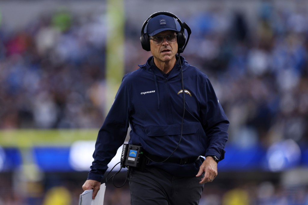 Los Angeles Chargers head coach Jim Harbaugh on the sideline during an NFL game.