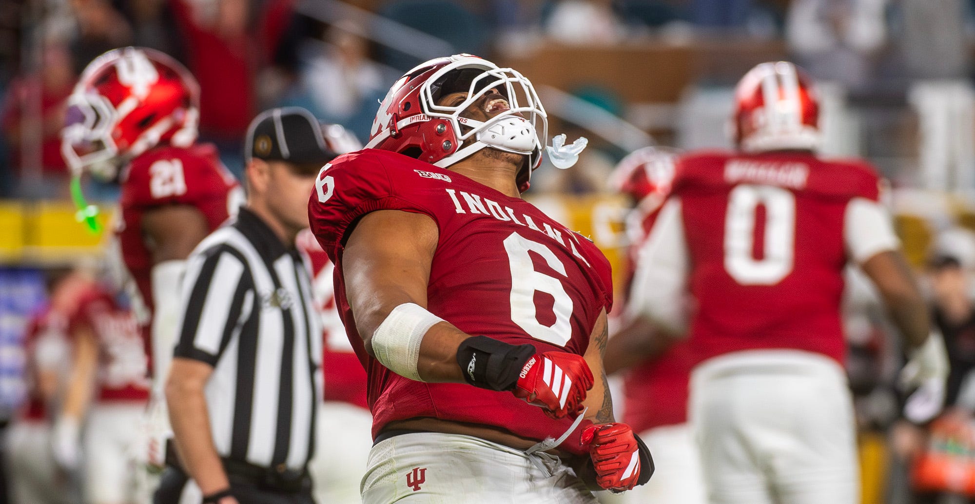 Indiana’s Mikail Kamara (6) celebrates during the College Football Playoff National Championship college football game at Hard Rock Stadium in Miami Gardens on Monday, Jan. 19, 2026.