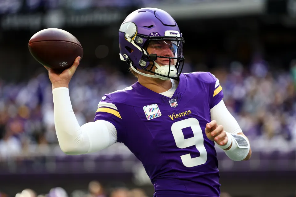 J.J. McCarthy #9 of the Minnesota Vikings warms up prior to the NFL football game against the Philadelphia Eagles at U.S. Bank Stadium on October 19, 2025