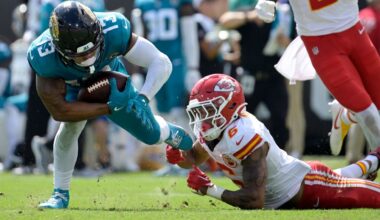 Jacksonville Jaguars wide receiver Christian Kirk (13) is tripped by Kansas City Chiefs safety Bryan Cook (6) during the second half of an NFL football game, Sunday, Sept. 17, 2023, in Jacksonville, Fla. (AP Photo/Phelan M. Ebenhack)