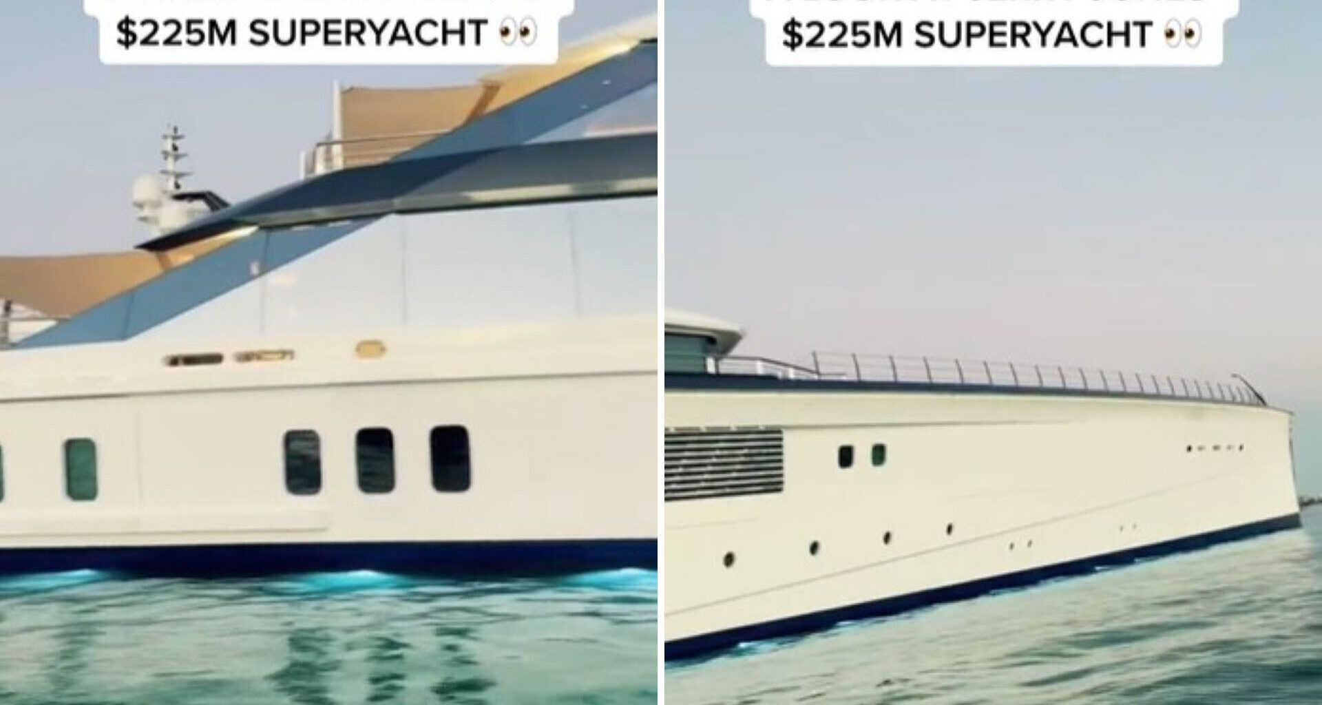 A luxury superyacht valued at $225 million, showcased against a calm water backdrop.
