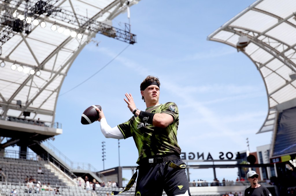 Joe Burrow warms up during the Fanatics Flag Football Classic.
