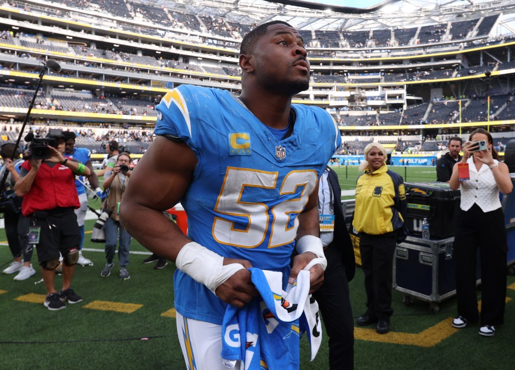 NFL player Khalil Mack of the Los Angeles Chargers celebrating a win.