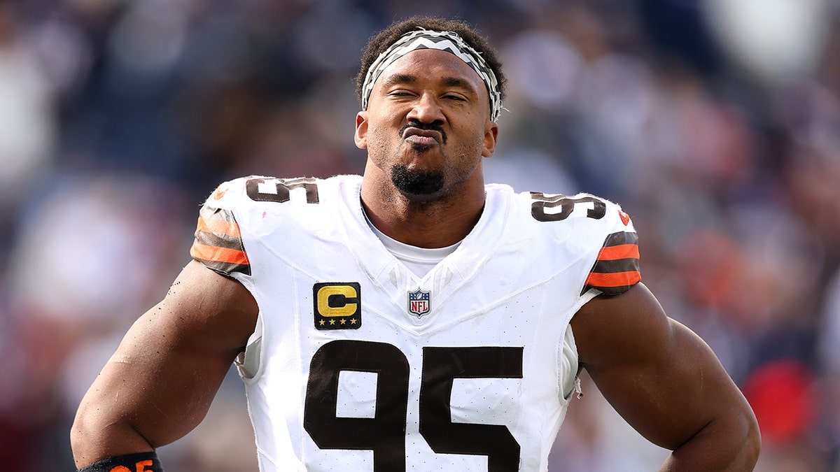 Myles Garrett reacts on field