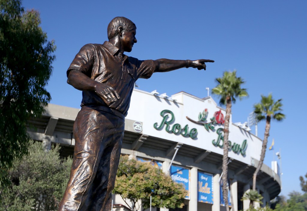 Bronze statue of UCLA Bruins football coach Terry Donahue in front of the Rose Bowl.