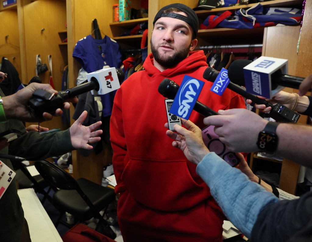 Giants running back Cam Skattebo speaking to the media as the Giants players were cleaning out their lockers at the New York Giants training facility in East Rutherford, New Jersey.