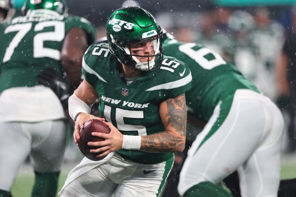 New York Jets quarterback Chris Streveler (15) looks to pass the ball during the second half against the Atlanta Falcons.