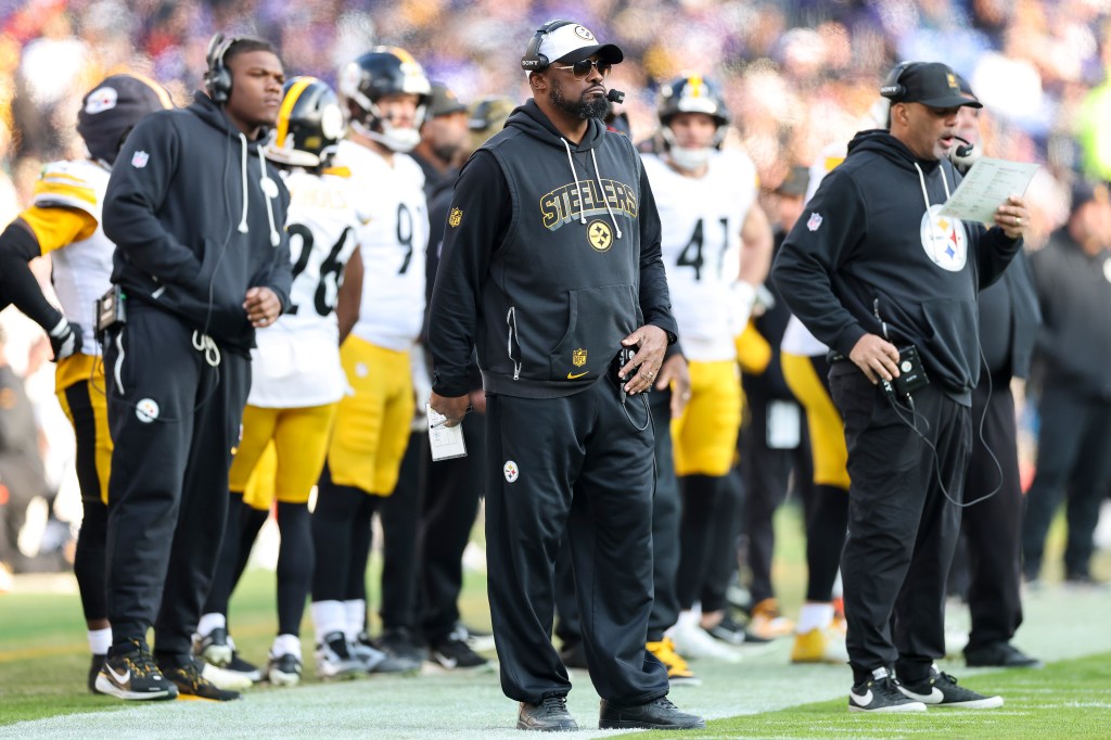 Head coach Mike Tomlin of the Pittsburgh Steelers looks on during the first half against the Baltimore Ravens at M&T Bank Stadium on December 7, 2025 in Baltimore, Maryland.