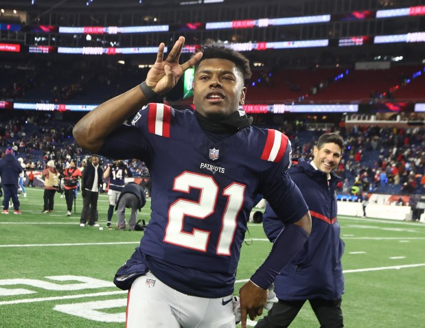 New England Patriots safety Jaylinn Hawkins celebrates a win last season at Gillette Stadium. (Nancy Lane/Boston Herald)