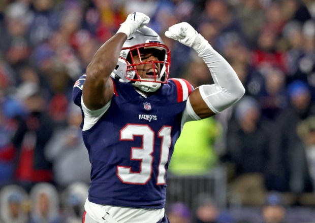 New England Patriots safety Craig Woodson reacts during the second quarter of a Jan. 12 playoff game at Gillette Stadium. (Nancy Lane/Boston Herald)