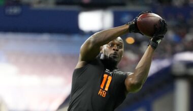 Feb 28, 2026; Indianapolis, IN, USA; Notre Dame running back Jeremiyah Love (RB11) during the NFL Scouting Combine at Lucas Oil Stadium. Mandatory Credit: Kirby Lee-Imagn Images