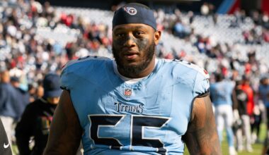 Oct 19, 2025; Nashville, Tennessee, USA;  Tennessee Titans offensive tackle JC Latham (55) walks off the field post game against the New England Patriots at Nissan Stadium. Mandatory Credit: Steve Roberts-Imagn Images