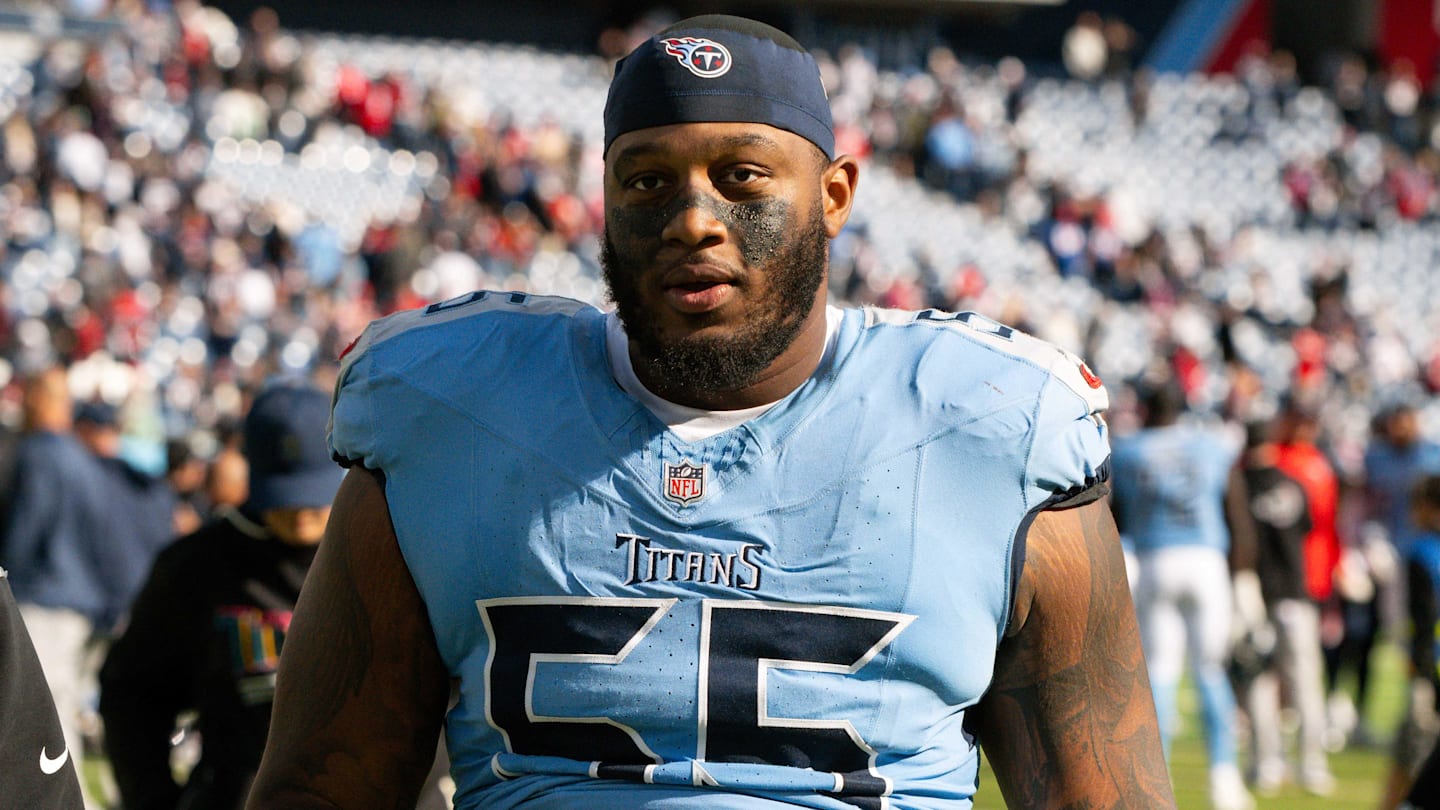 Oct 19, 2025; Nashville, Tennessee, USA;  Tennessee Titans offensive tackle JC Latham (55) walks off the field post game against the New England Patriots at Nissan Stadium. Mandatory Credit: Steve Roberts-Imagn Images