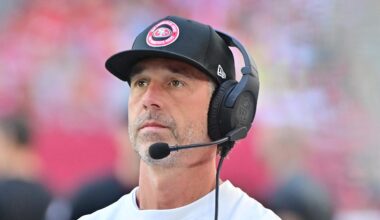 San Francisco 49ers head coach Kyle Shanahan looks on